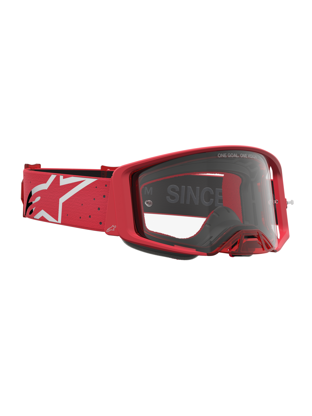 Gafas Supertech Vesta de Alpinestars, gafas de motocross rojas y blancas con lente transparente y correa con logotipo.
