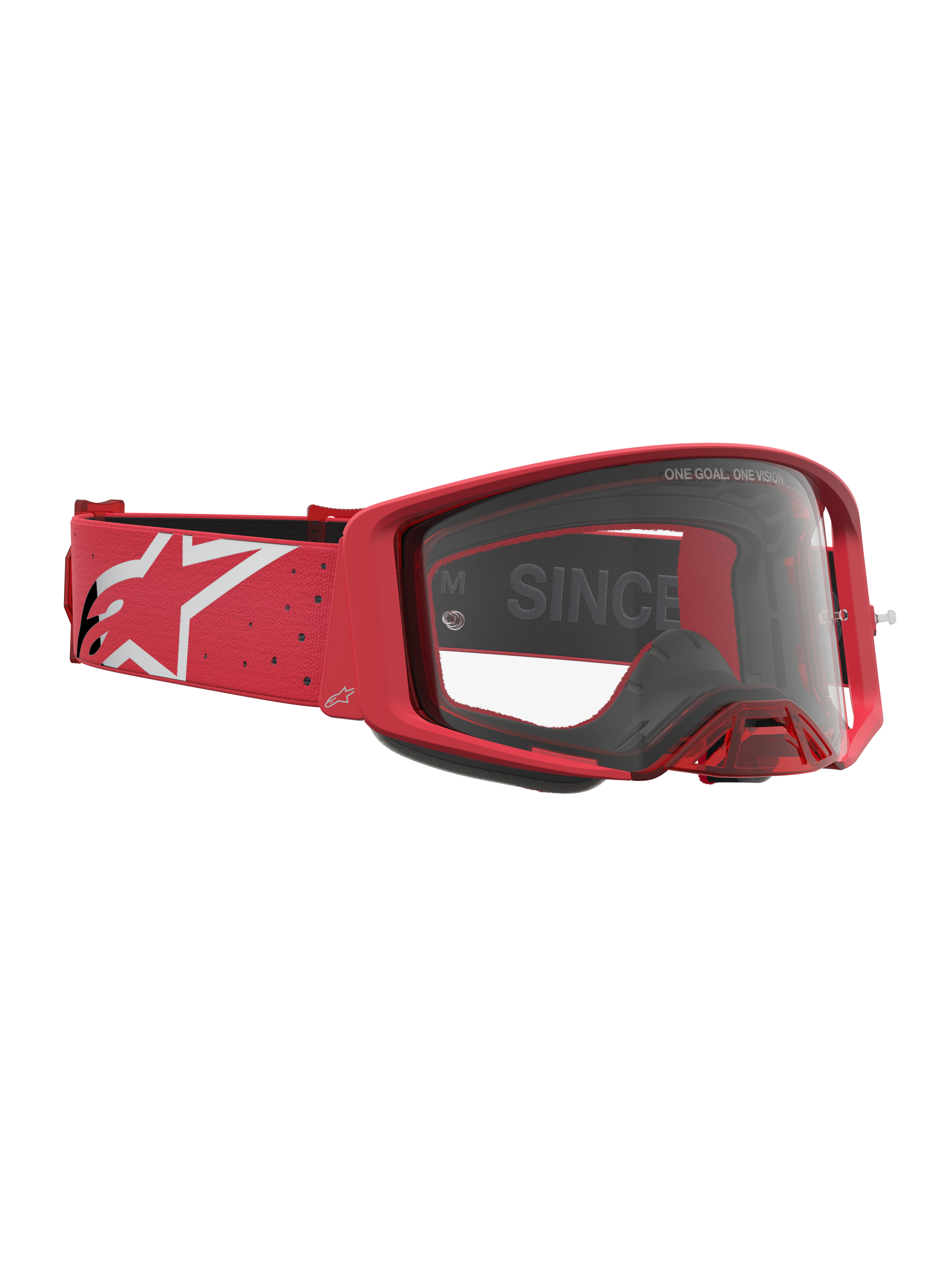 Gafas Supertech Vesta de Alpinestars, gafas de motocross rojas y blancas con lente transparente y correa con logotipo.