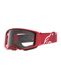 Gafas Alpinestars Supertech Vesta para motocross, rojas con lente transparente y correa con logo de estrella blanco.