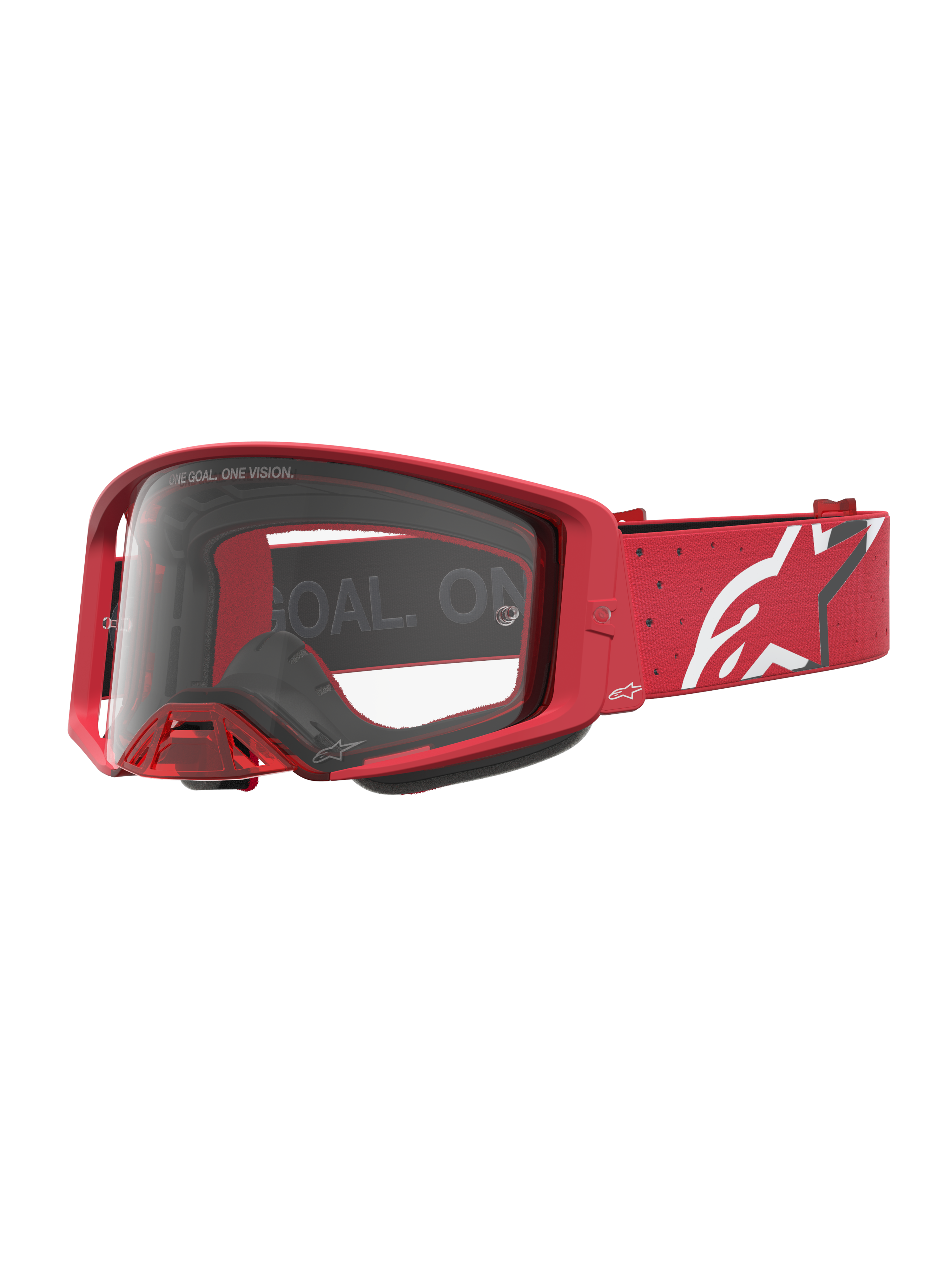 Gafas Alpinestars Supertech Vesta para motocross, rojas con lente transparente y correa con logo de estrella blanco.