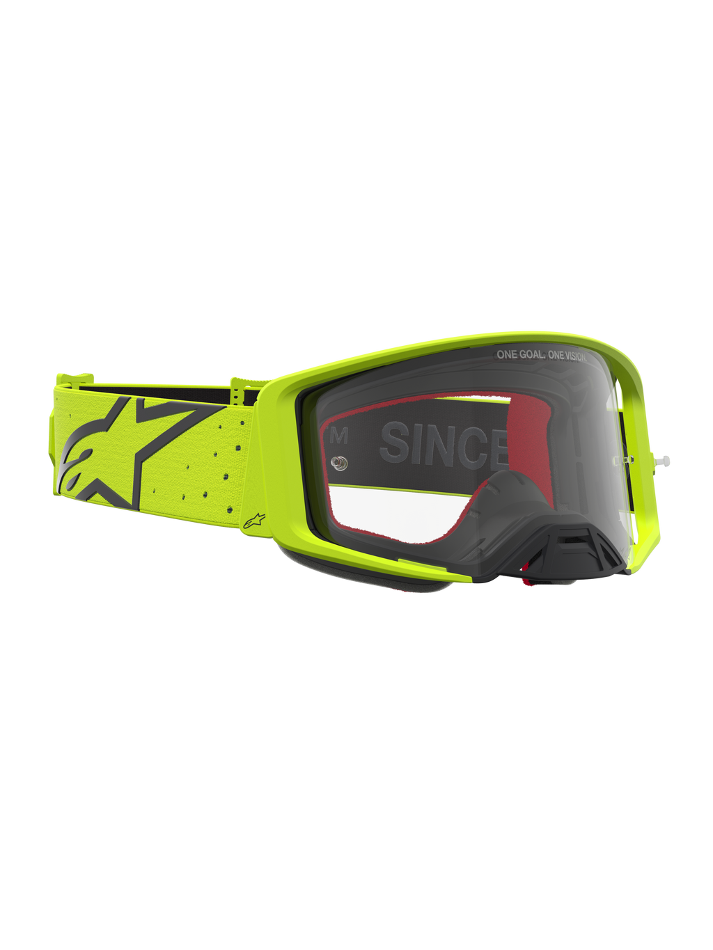 Gafas Alpinestars Supertech Vesta, motocross, amarillo fluo y negro, lente transparente y correa elástica ancha.