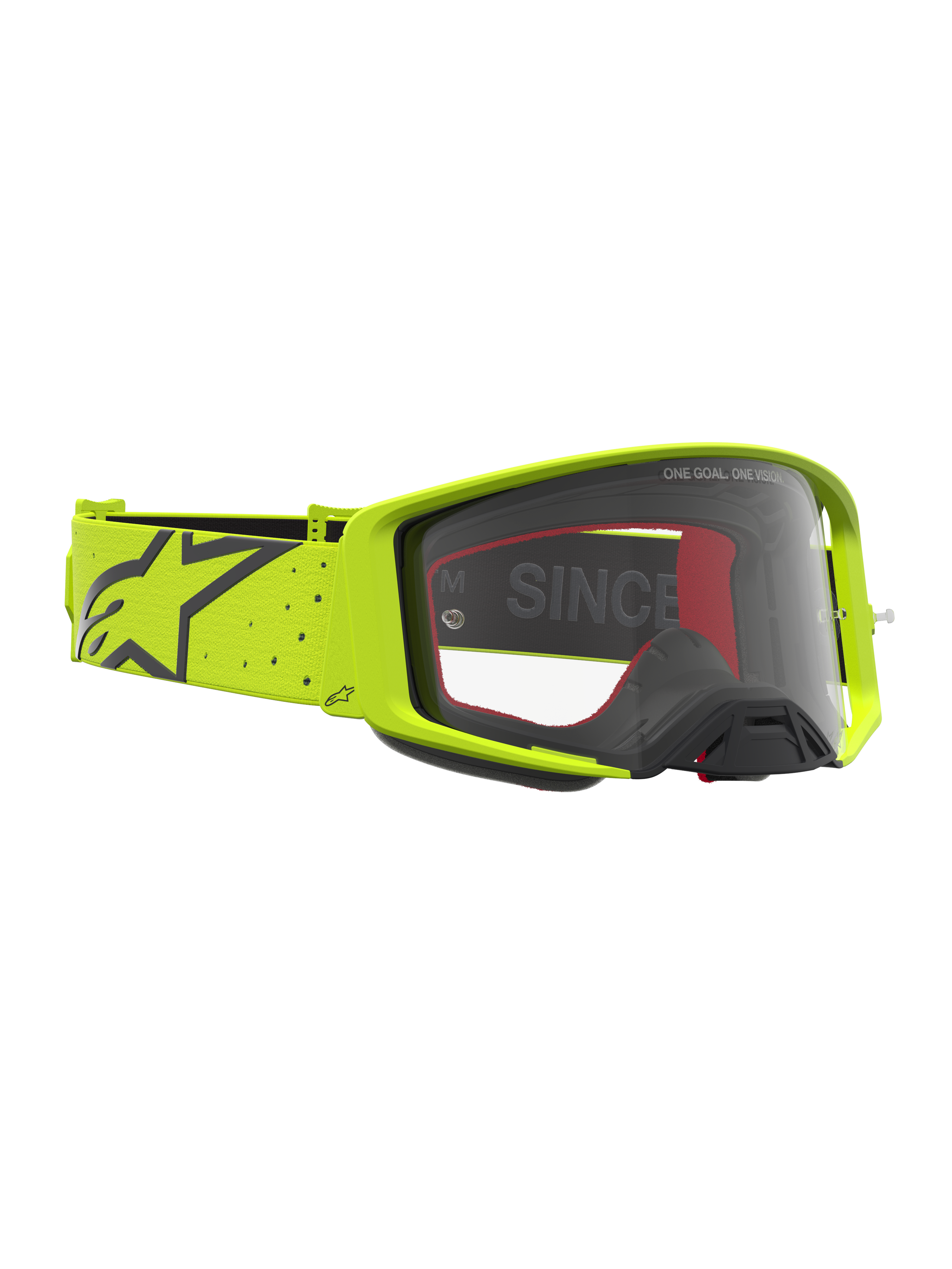 Gafas Alpinestars Supertech Vesta, motocross, amarillo fluo y negro, lente transparente y correa elástica ancha.