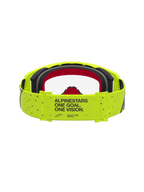 Gafas Alpinestars Supertech Vesta de motocross, amarillo fluorescente y negro con espuma roja y correa con lema de marca.