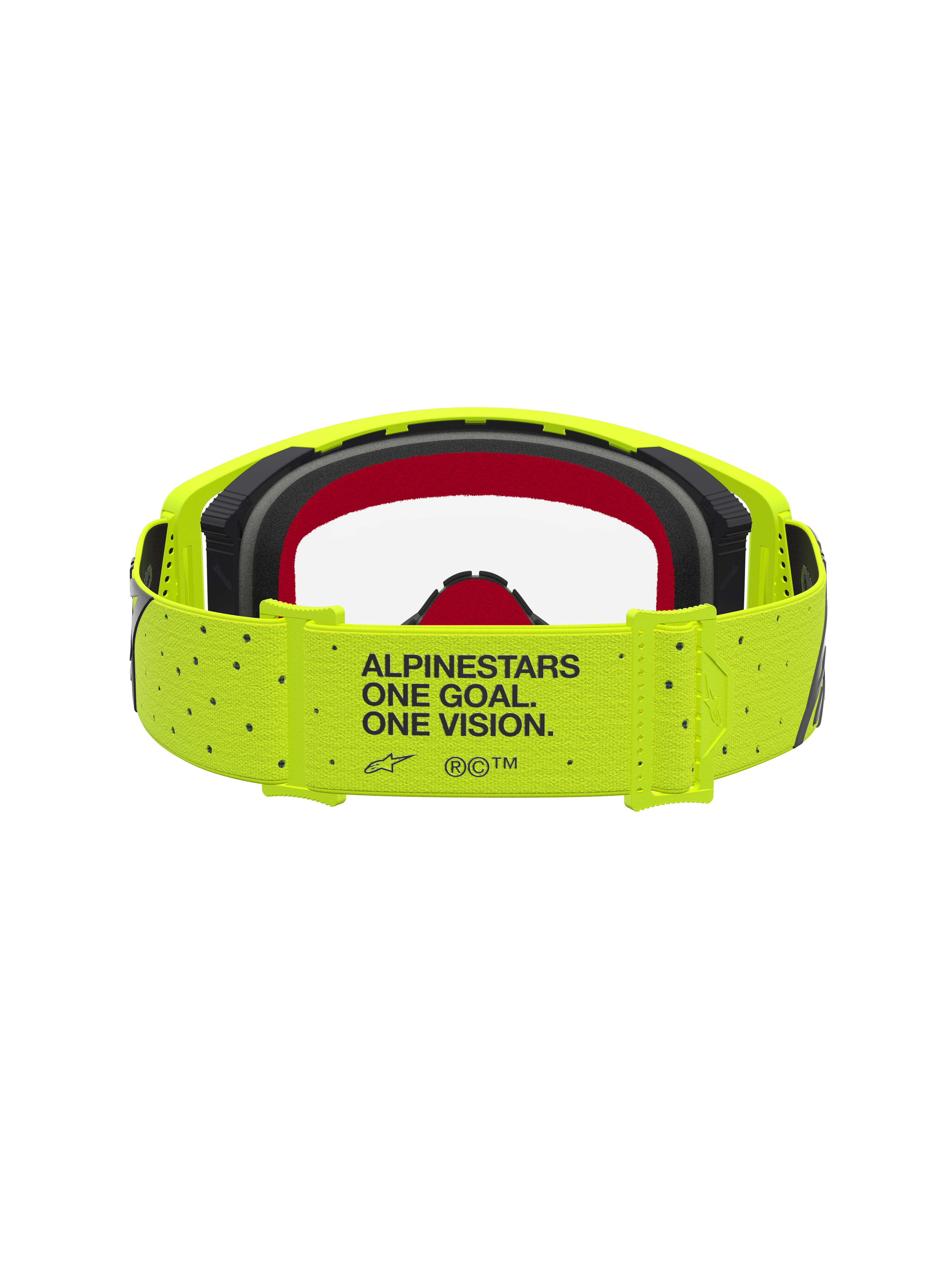 Gafas Alpinestars Supertech Vesta de motocross, amarillo fluorescente y negro con espuma roja y correa con lema de marca.