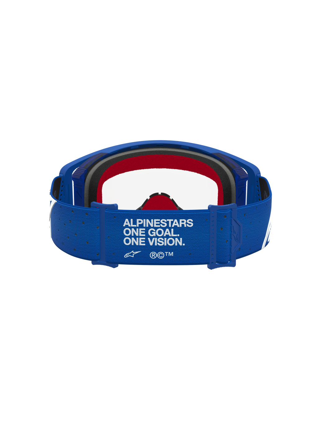 Alpinestars gafas Supertech Vesta en azul y blanco, con espuma roja y correa One Goal One Vision para carreras de motocross