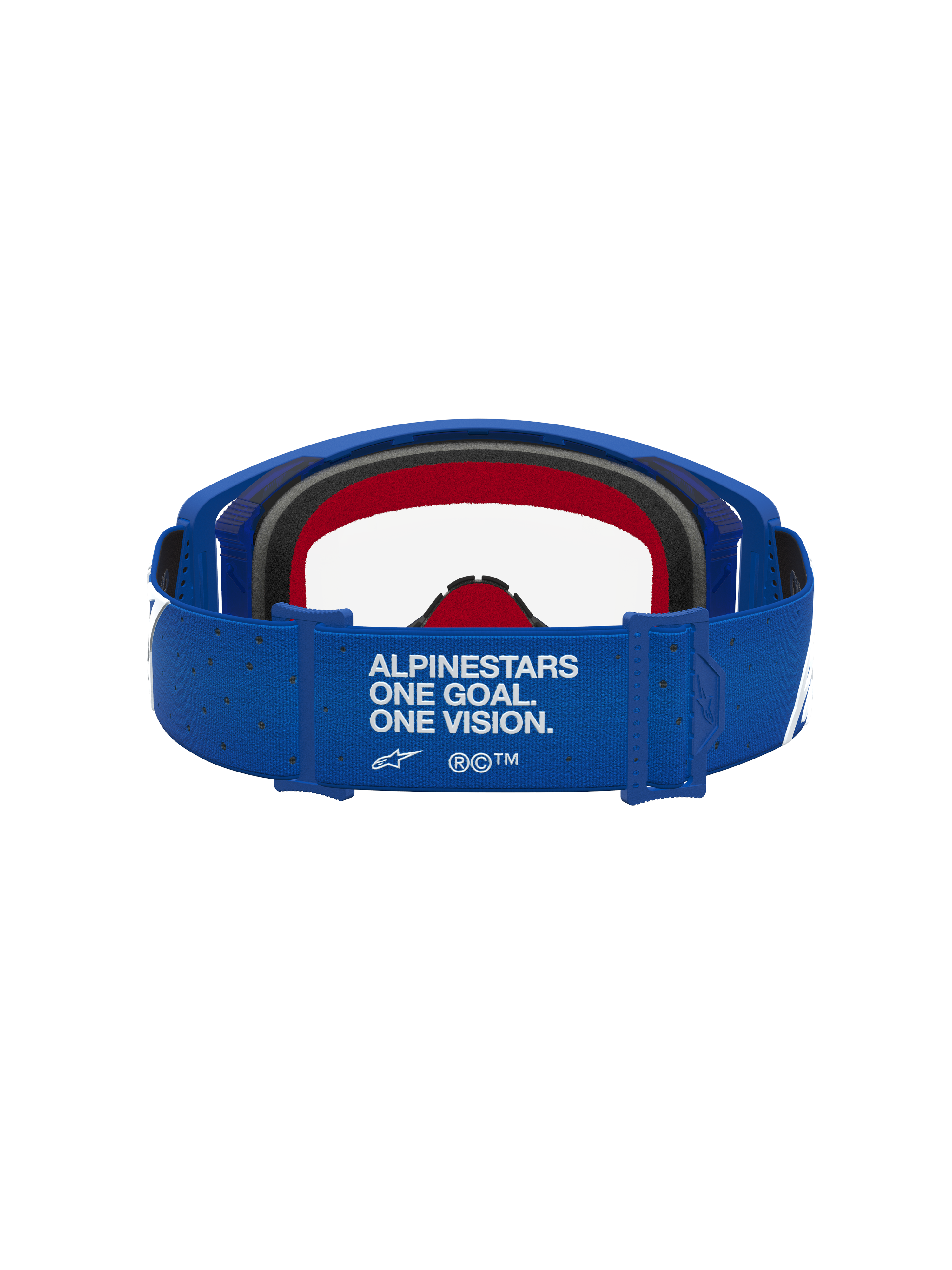 Alpinestars gafas Supertech Vesta en azul y blanco, con espuma roja y correa One Goal One Vision para carreras de motocross