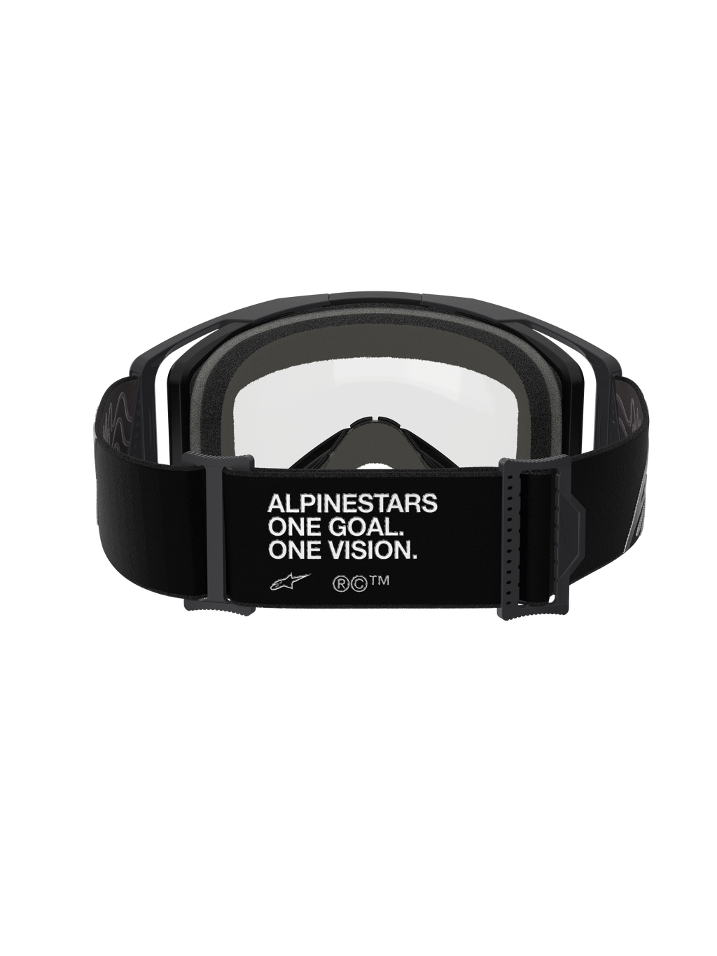 Gafas Alpinestars Vision 8 Corp - Dual Pane, Negro Transparente, vista trasera con correa ancha negra y la marca 'ALPINESTARS ONE GOAL. ONE VISION.' en blanco, montura negra con lente de policarbonato transparente y espuma facial gris de múltiples capas, gafas profesionales de motocross