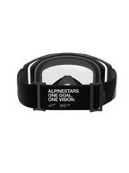 Gafas Alpinestars Vision 8 Corp - Dual Pane, Negro Transparente, vista trasera con correa ancha negra y la marca 'ALPINESTARS ONE GOAL. ONE VISION.' en blanco, montura negra con lente de policarbonato transparente y espuma facial gris de múltiples capas, gafas profesionales de motocross