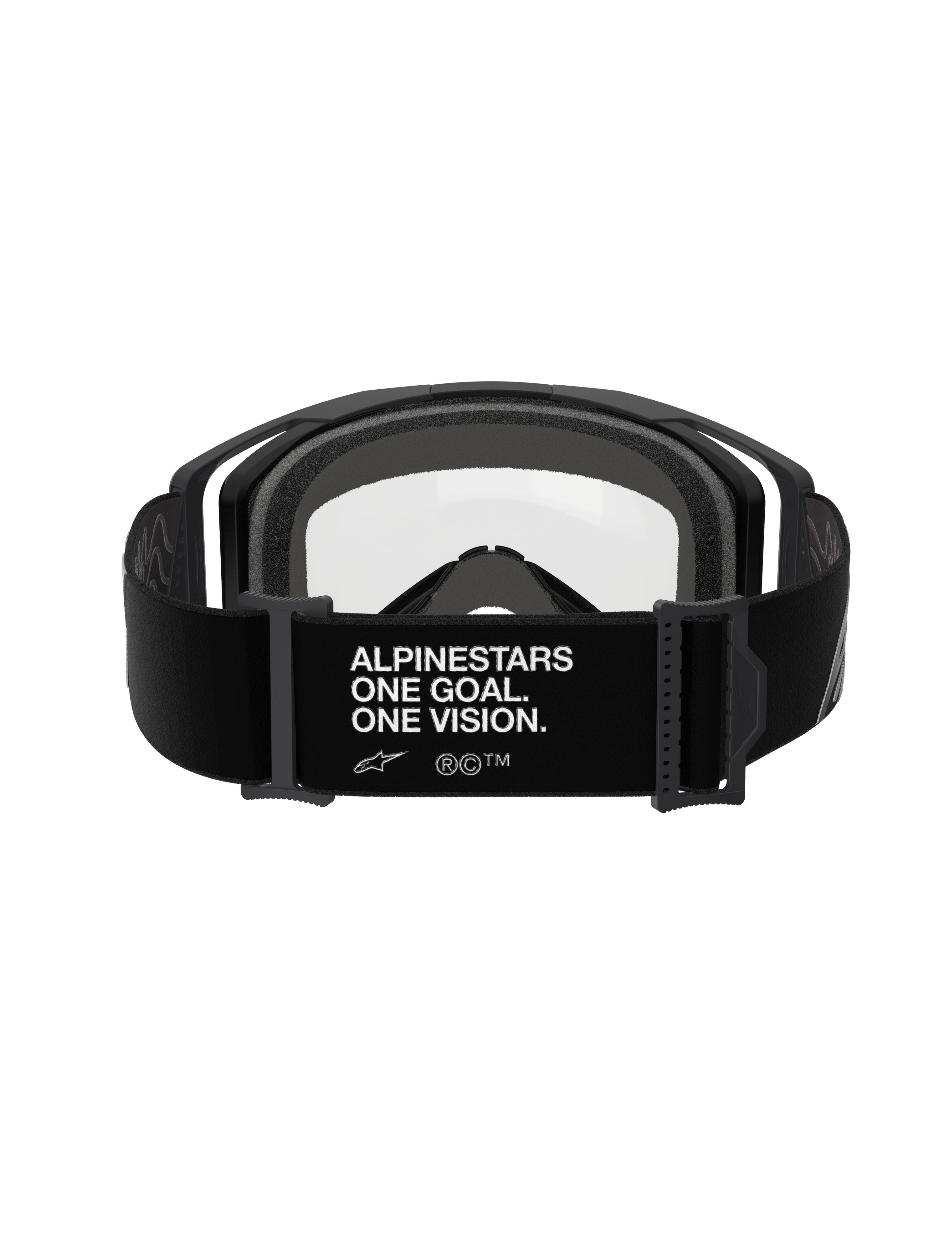 Gafas Alpinestars Vision 8 Corp - Dual Pane, Negro Transparente, vista trasera con correa ancha negra y la marca 'ALPINESTARS ONE GOAL. ONE VISION.' en blanco, montura negra con lente de policarbonato transparente y espuma facial gris de múltiples capas, gafas profesionales de motocross
