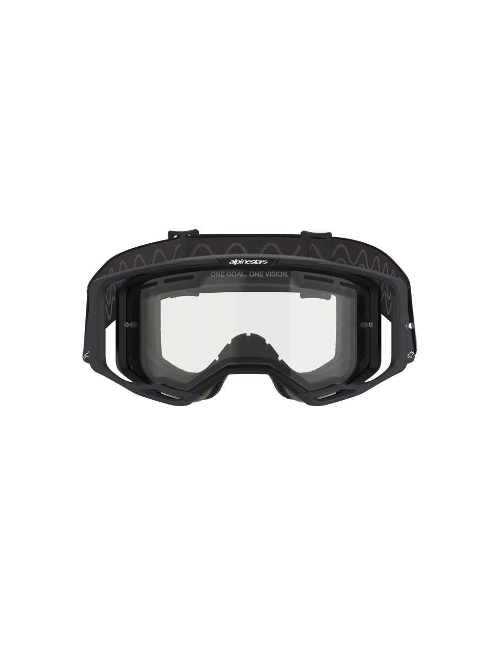 Gafas Alpinestars Vision 8 Corp - Dual Pane, gafas de motocross, montura negra con lente transparente de doble panel, vista frontal que muestra los soportes y el lema "ONE GOAL. ONE VISION.", protección ocular técnica para carreras off-road