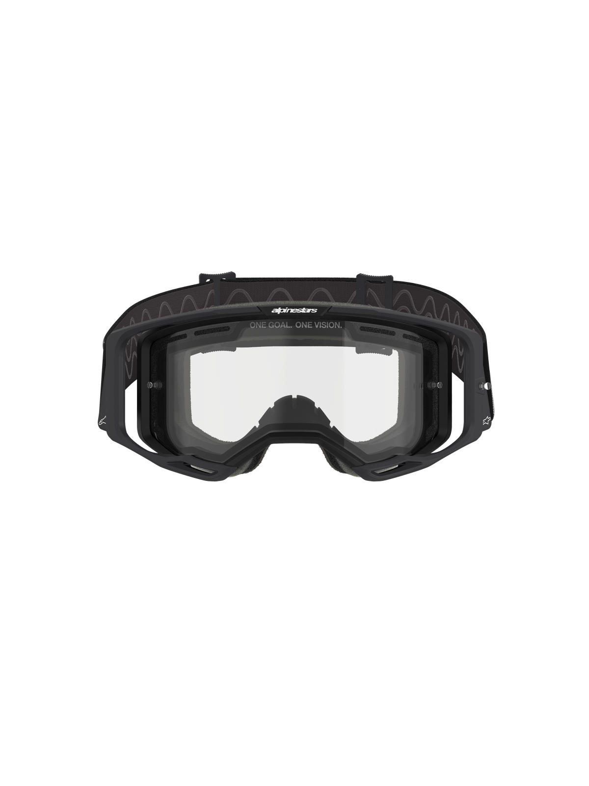 Gafas Alpinestars Vision 8 Corp - Dual Pane, gafas de motocross, montura negra con lente transparente de doble panel, vista frontal que muestra los soportes y el lema "ONE GOAL. ONE VISION.", protección ocular técnica para carreras off-road