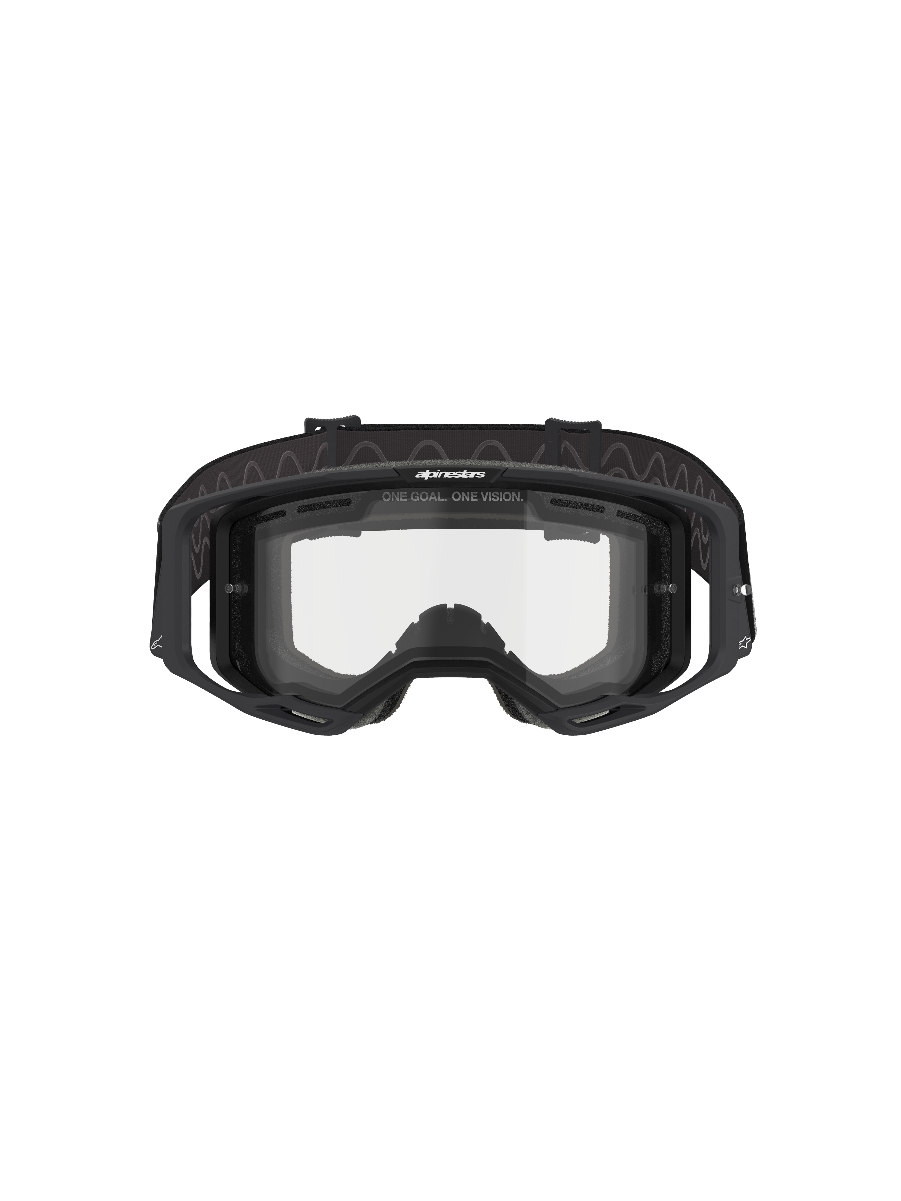 Gafas Alpinestars Vision 8 Corp - Dual Pane, gafas de motocross, montura negra con lente transparente de doble panel, vista frontal que muestra los soportes y el lema "ONE GOAL. ONE VISION.", protección ocular técnica para carreras off-road