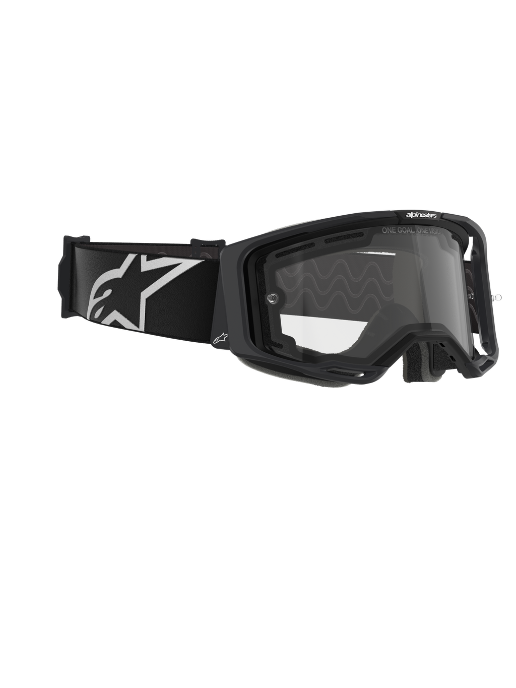 Gafas Alpinestars Vision 8 Corp, doble panel, gafas de motocross, montura negra con lente transparente, correa negra ancha con un gran logotipo de Alpinestars en blanco, protección ocular técnica para carreras off-road