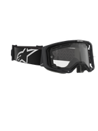 Gafas Alpinestars Vision 8 Corp, doble panel, gafas de motocross, montura negra con lente transparente, correa negra ancha con un gran logotipo de Alpinestars en blanco, protección ocular técnica para carreras off-road
