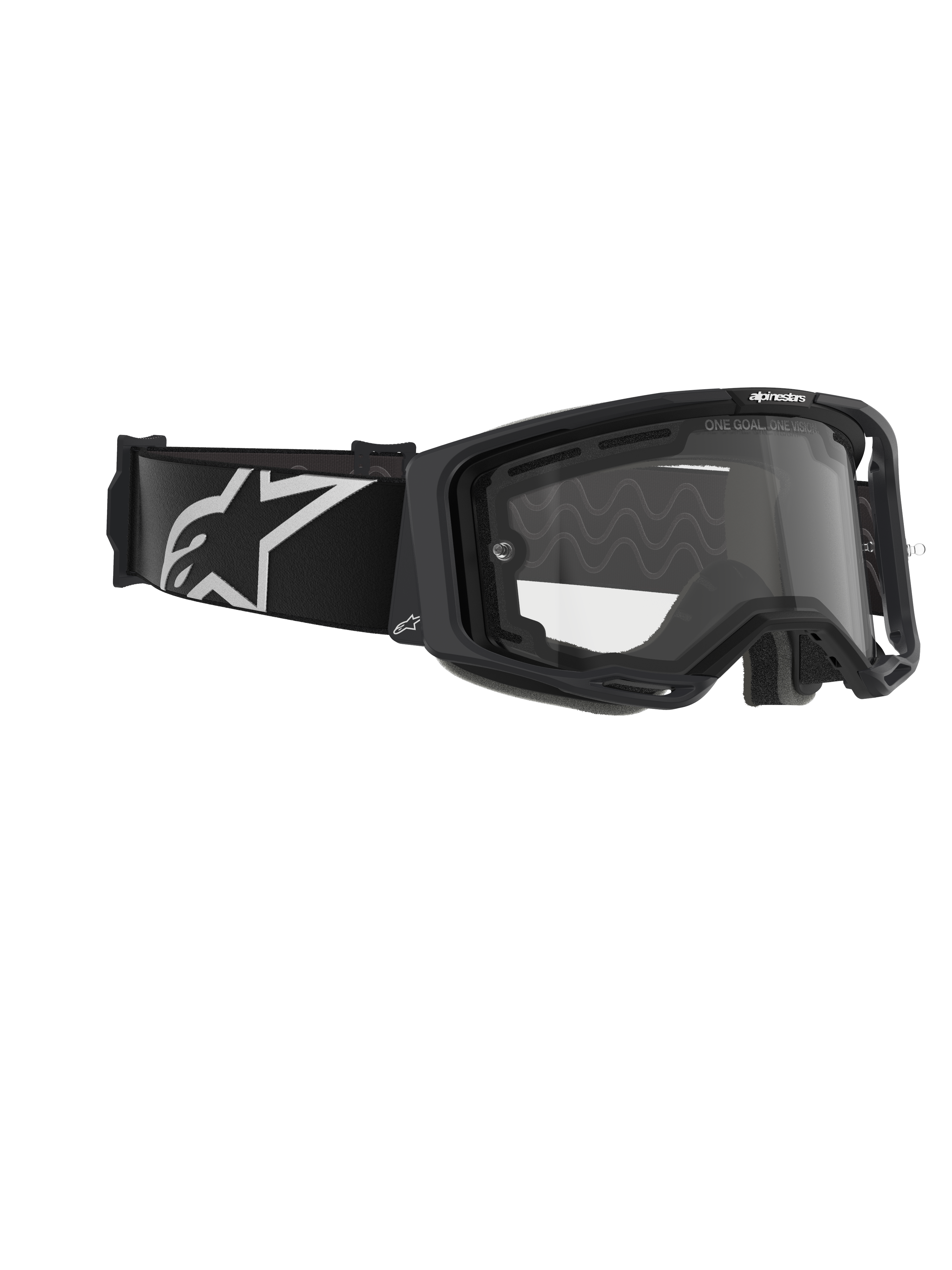 Gafas Alpinestars Vision 8 Corp, doble panel, gafas de motocross, montura negra con lente transparente, correa negra ancha con un gran logotipo de Alpinestars en blanco, protección ocular técnica para carreras off-road