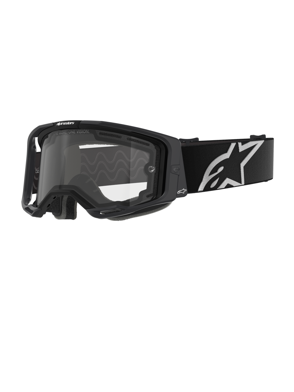 Gafas Alpinestars Vision 8 Corp - Doble Panel, gafas de motocross, montura negra con lente transparente de doble panel, correa negra ancha con un destacado logotipo de la estrella de Alpinestars en blanco, diseño de alto rendimiento con puertos de ventilación para carreras off-road.