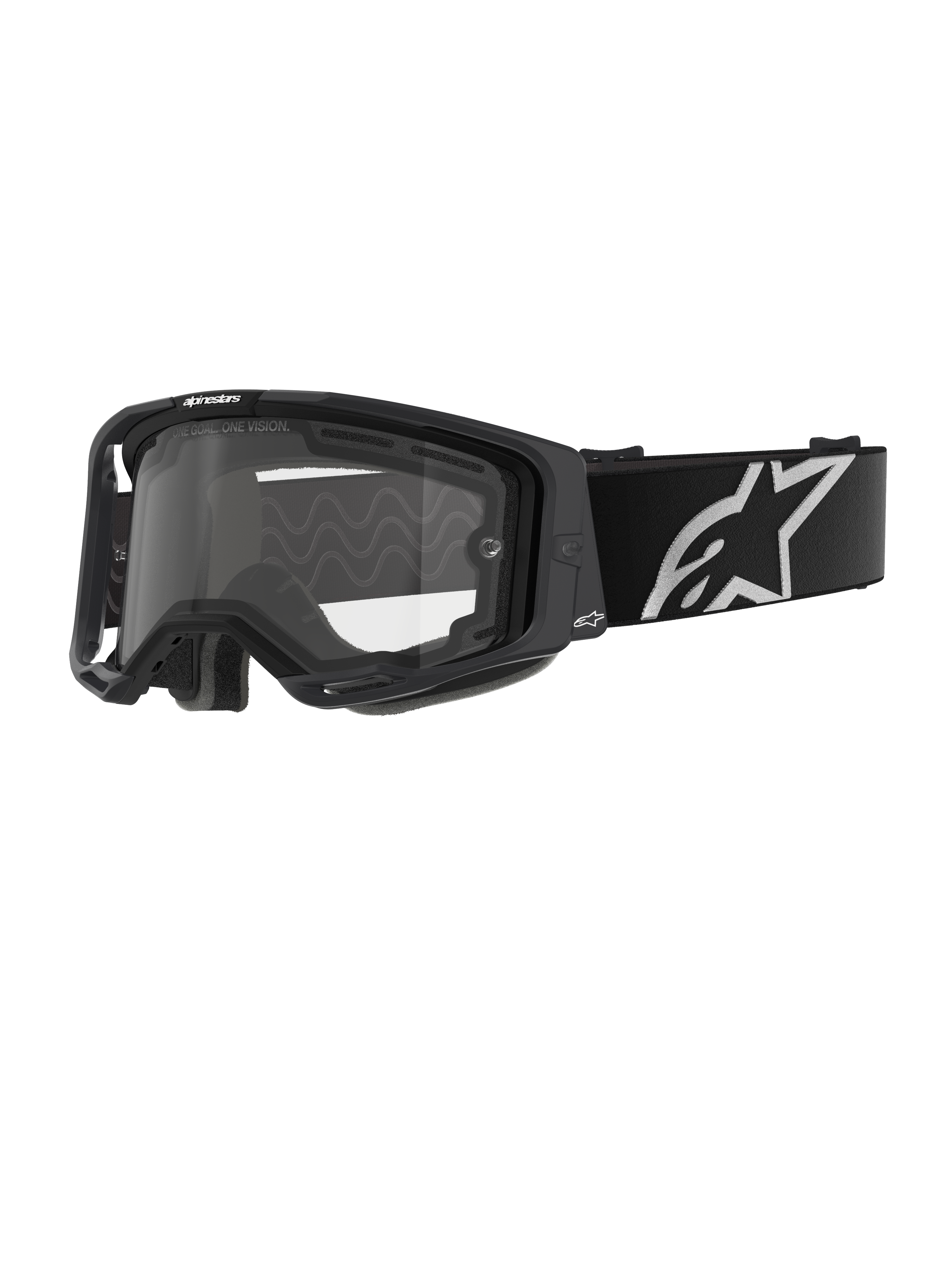 Gafas Alpinestars Vision 8 Corp - Doble Panel, gafas de motocross, montura negra con lente transparente de doble panel, correa negra ancha con un destacado logotipo de la estrella de Alpinestars en blanco, diseño de alto rendimiento con puertos de ventilación para carreras off-road.