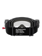 Alpinestars Vision 8 Corp Goggles Roll Off, rear view, black strap featuring white 'ALPINESTARS ONE GOAL. ONE VISION.' slogan, integrated roll-off canisters, clear lens, and foam padding for motocross racing