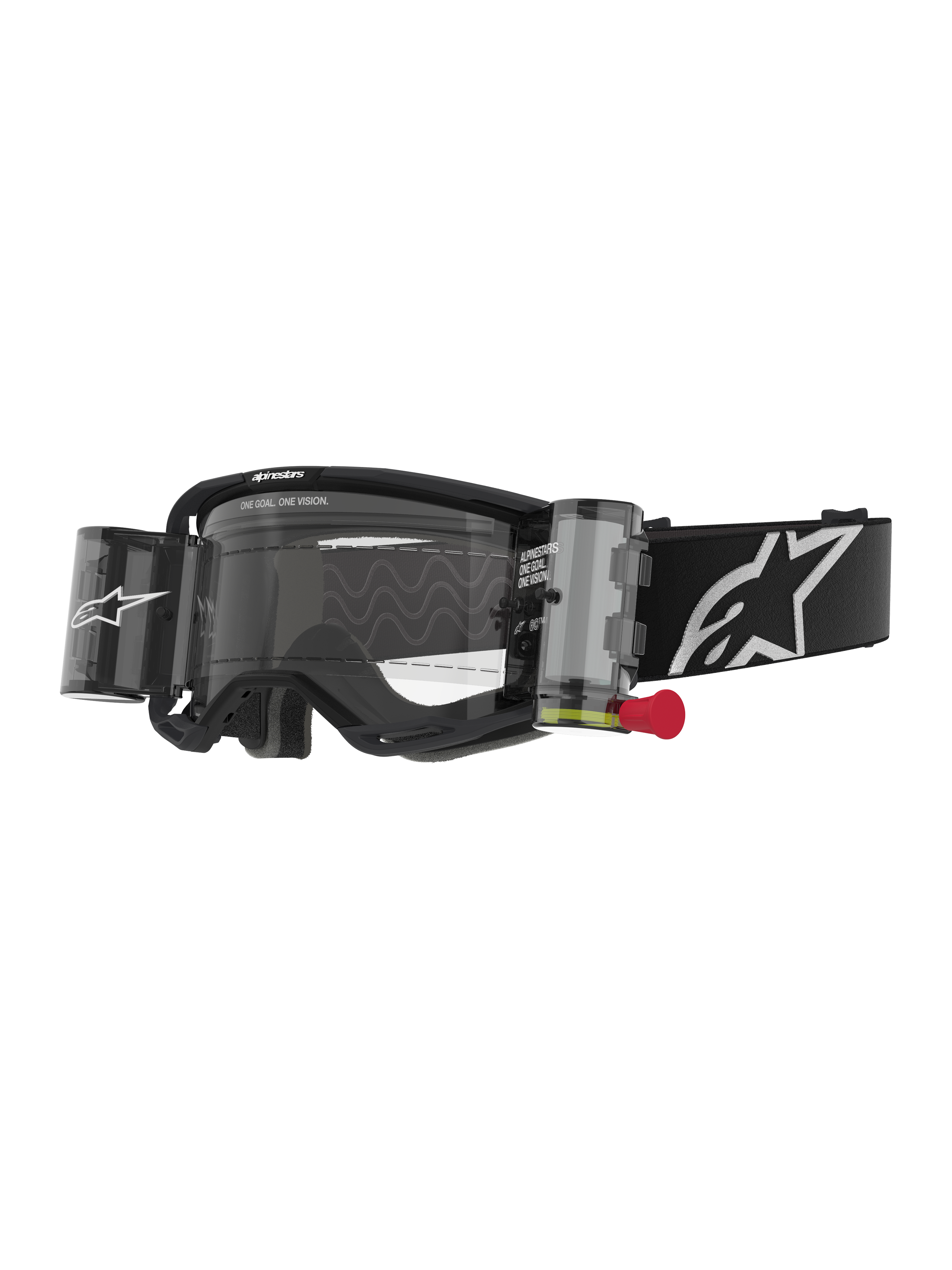 Alpinestars Vision 8 Corp Goggles Roll Off, gafas de motocross, negro y transparente, sistema roll-off integrado con tirador rojo, correa negra con logotipo blanco, diseño de lente ondulado con el texto "ONE GOAL. ONE VISION.", protección ocular de alto rendimiento para carreras todoterreno