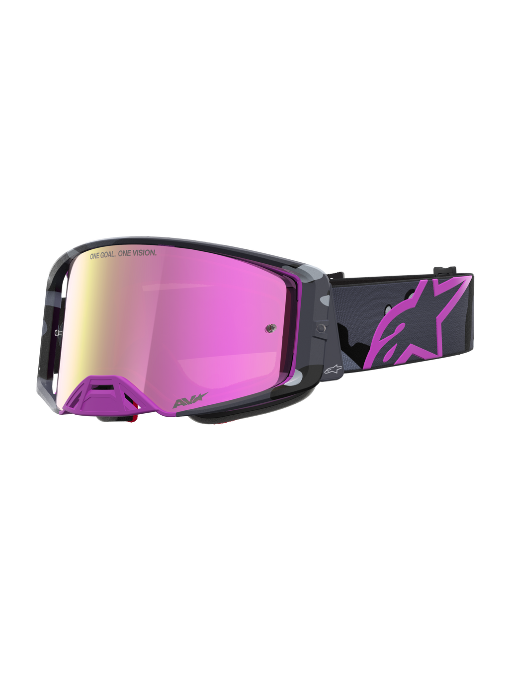 Gafas Alpinestars Supertech Lone Edición Limitada, gafas de motocross con lente rosa espejo, montura morada y camuflaje con correa con el logotipo Astars.