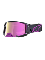 Gafas Alpinestars Supertech Lone Edición Limitada, gafas de motocross con lente rosa espejo, montura morada y camuflaje con correa con el logotipo Astars.