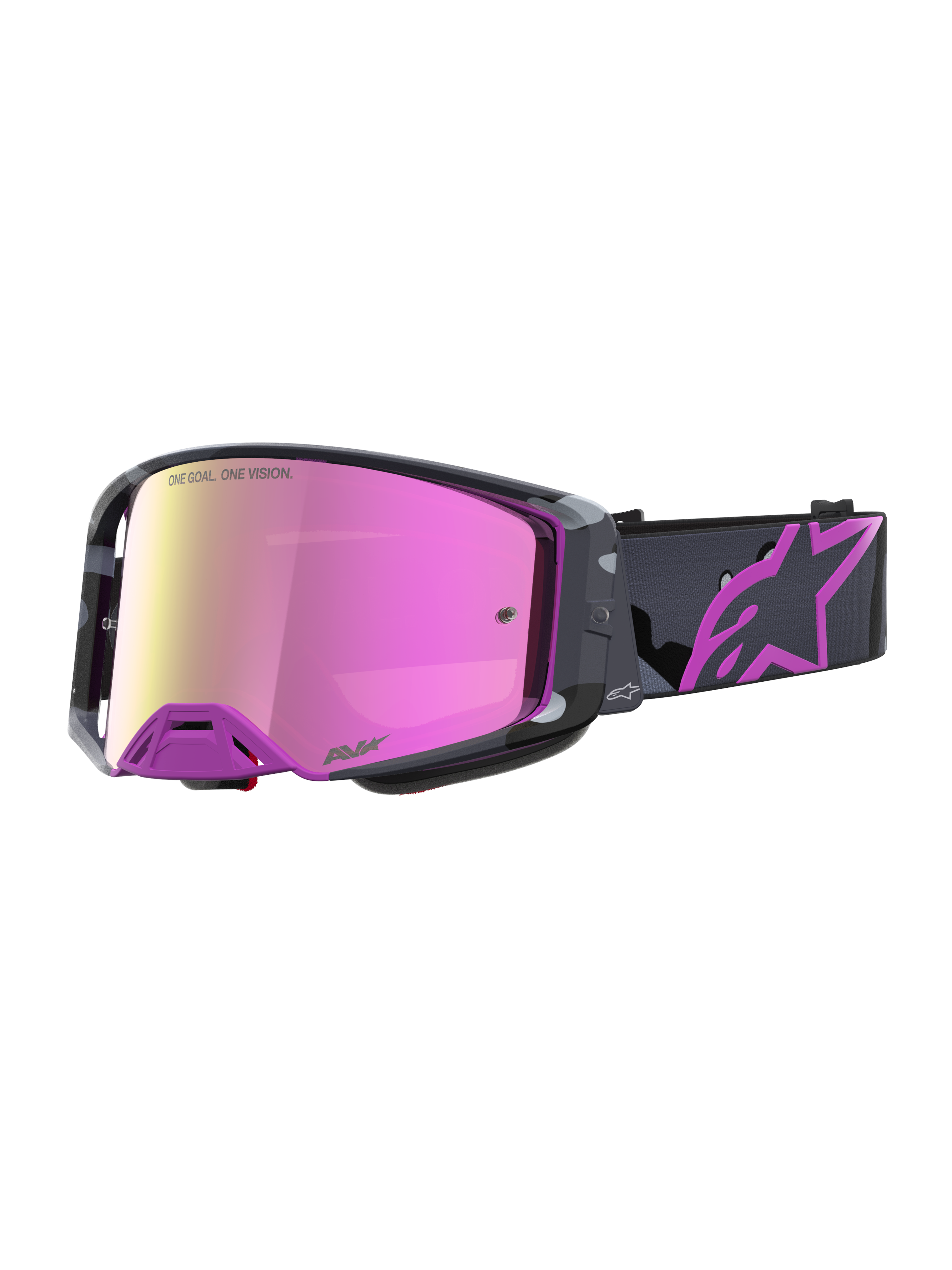 Gafas Alpinestars Supertech Lone Edición Limitada, gafas de motocross con lente rosa espejo, montura morada y camuflaje con correa con el logotipo Astars.