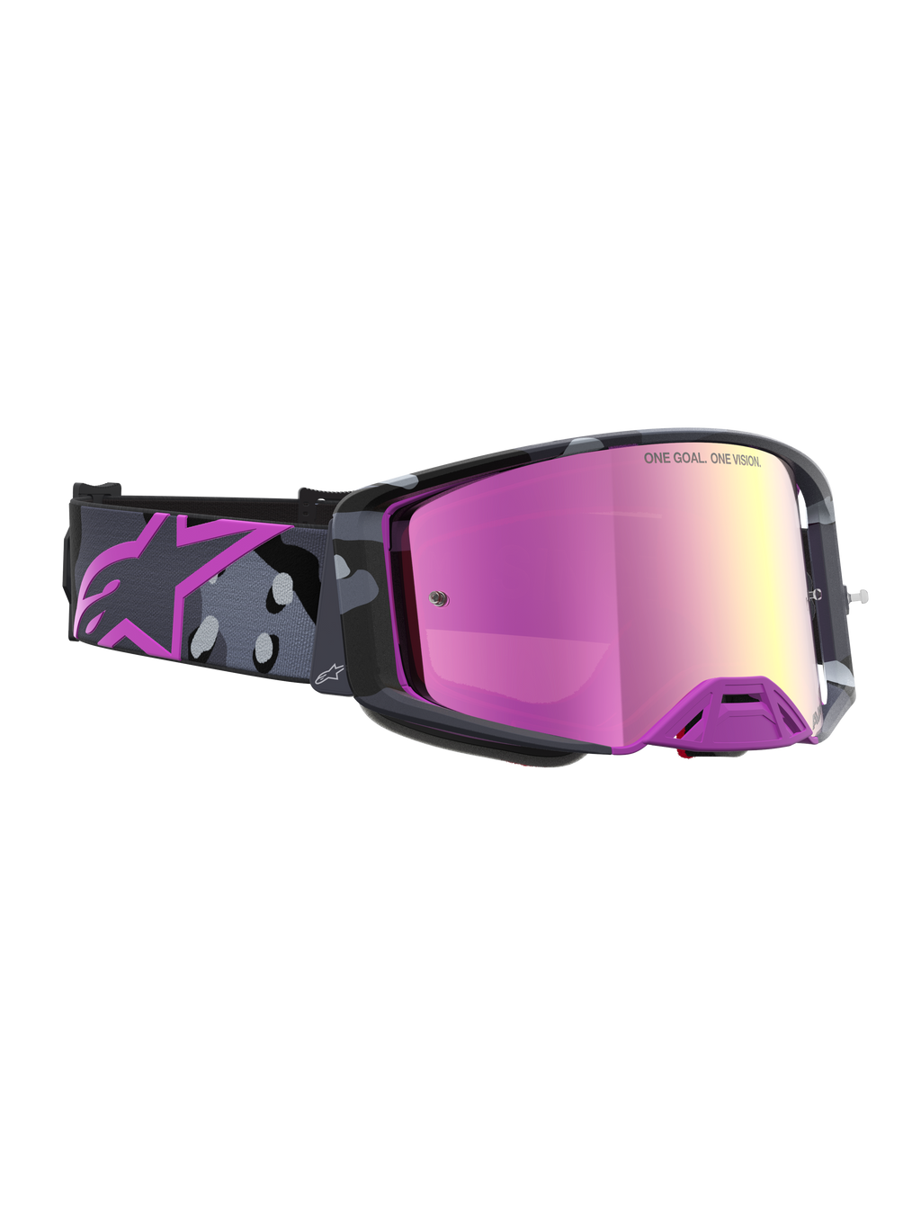 Gafas de motocross Alpinestars Supertech Lone Edición Limitada, con lente rosa espejo y correa de camuflaje morada
