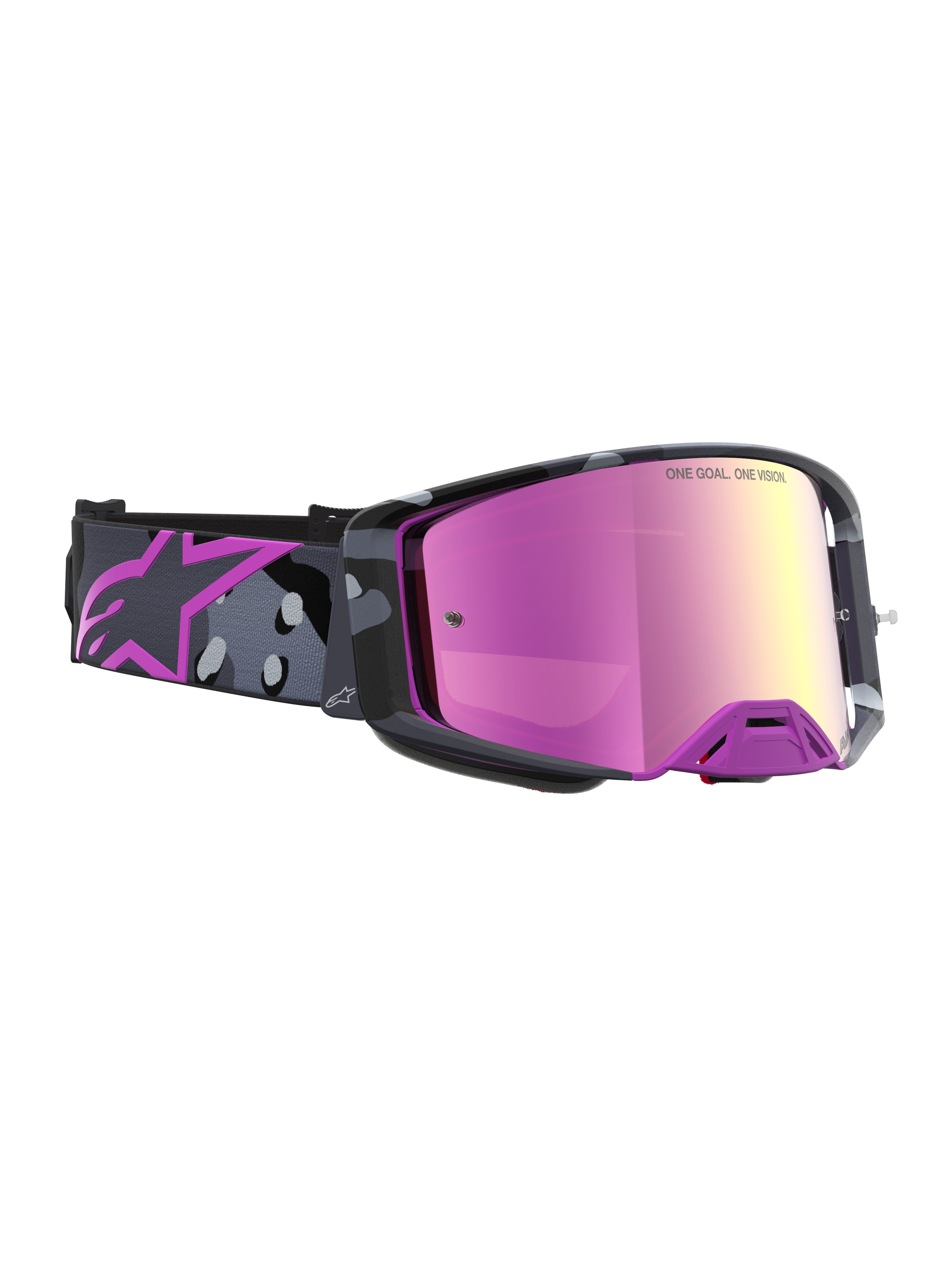 Gafas de motocross Alpinestars Supertech Lone Edición Limitada, con lente rosa espejo y correa de camuflaje morada