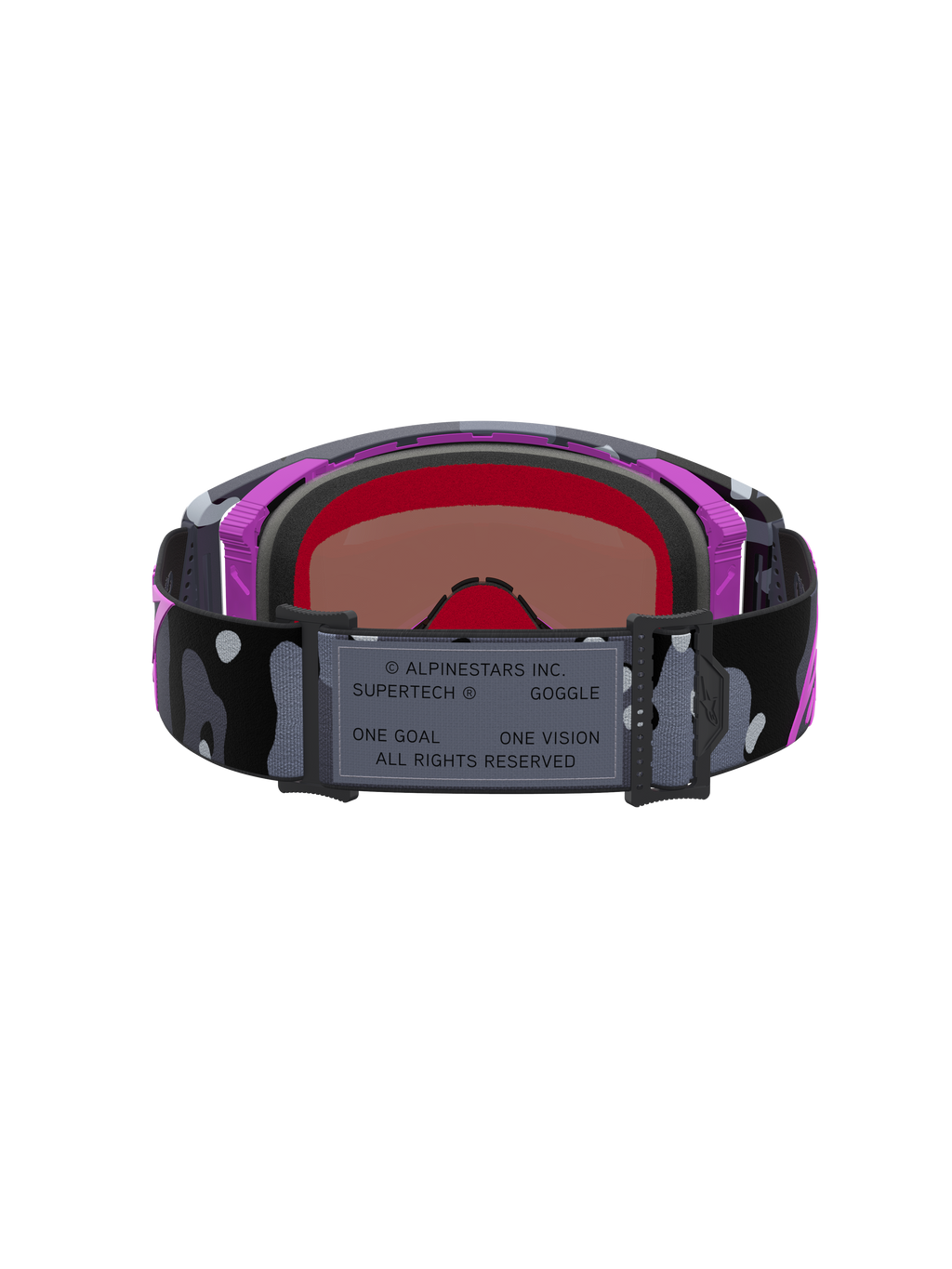 Gafas Alpinestars Supertech Lone Edición Limitada, gafas de motocross con correa de camuflaje y lente rosa espejo, moradas y negras, vista trasera.