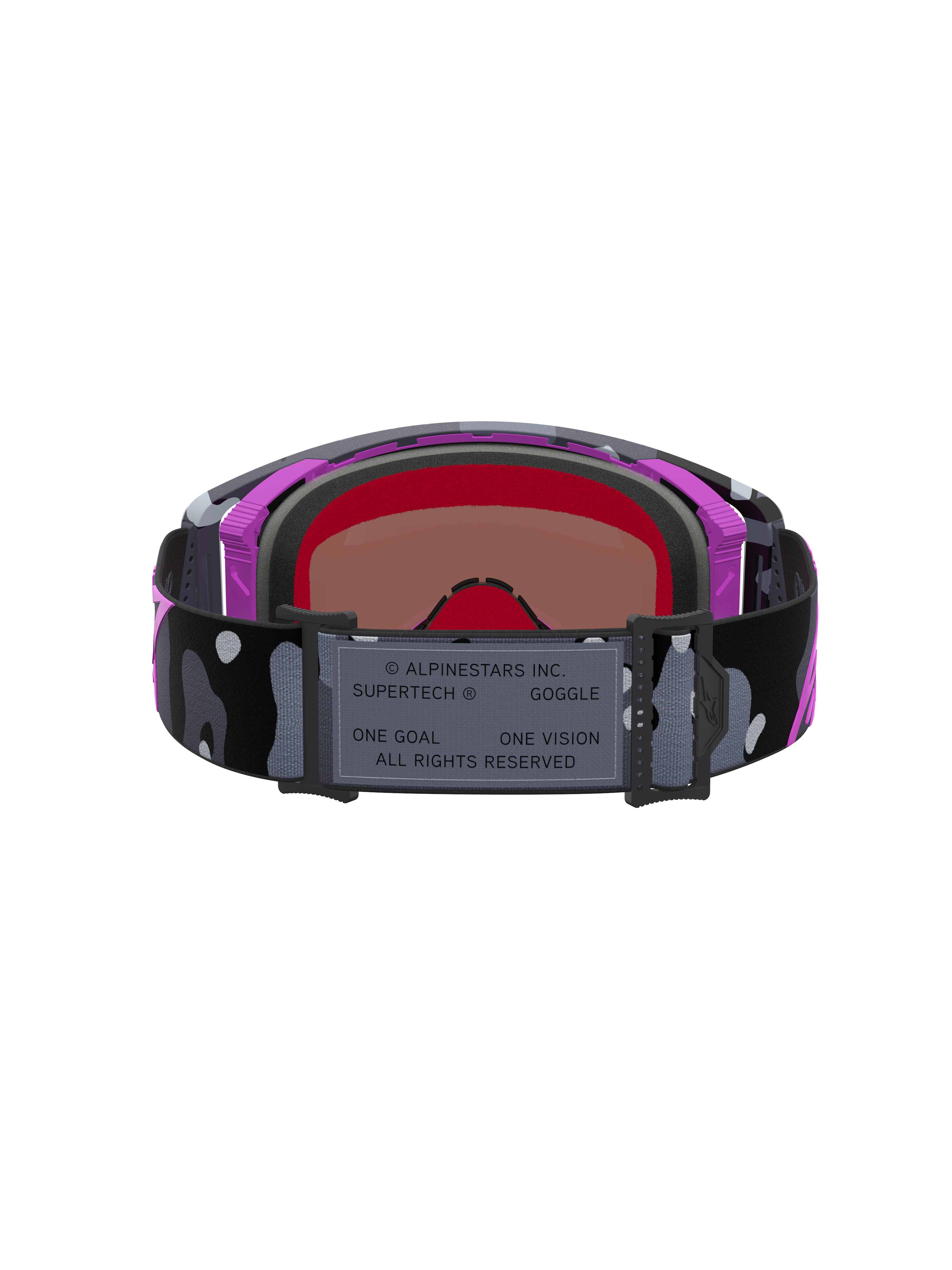 Gafas Alpinestars Supertech Lone Edición Limitada, gafas de motocross con correa de camuflaje y lente rosa espejo, moradas y negras, vista trasera.