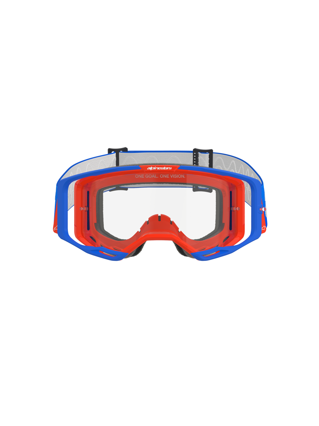 Gafas Alpinestars Vision 8 Wordmark, gafas de motocross, azul y naranja con lente transparente, vista frontal, con montura flexible de dos tonos, diseño de lente periférica amplia y marca 'One Goal. One Vision.' en la parte superior del marco interno.