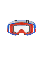 Gafas Alpinestars Vision 8 Wordmark, gafas de motocross, azul y naranja con lente transparente, vista frontal, con montura flexible de dos tonos, diseño de lente periférica amplia y marca 'One Goal. One Vision.' en la parte superior del marco interno.