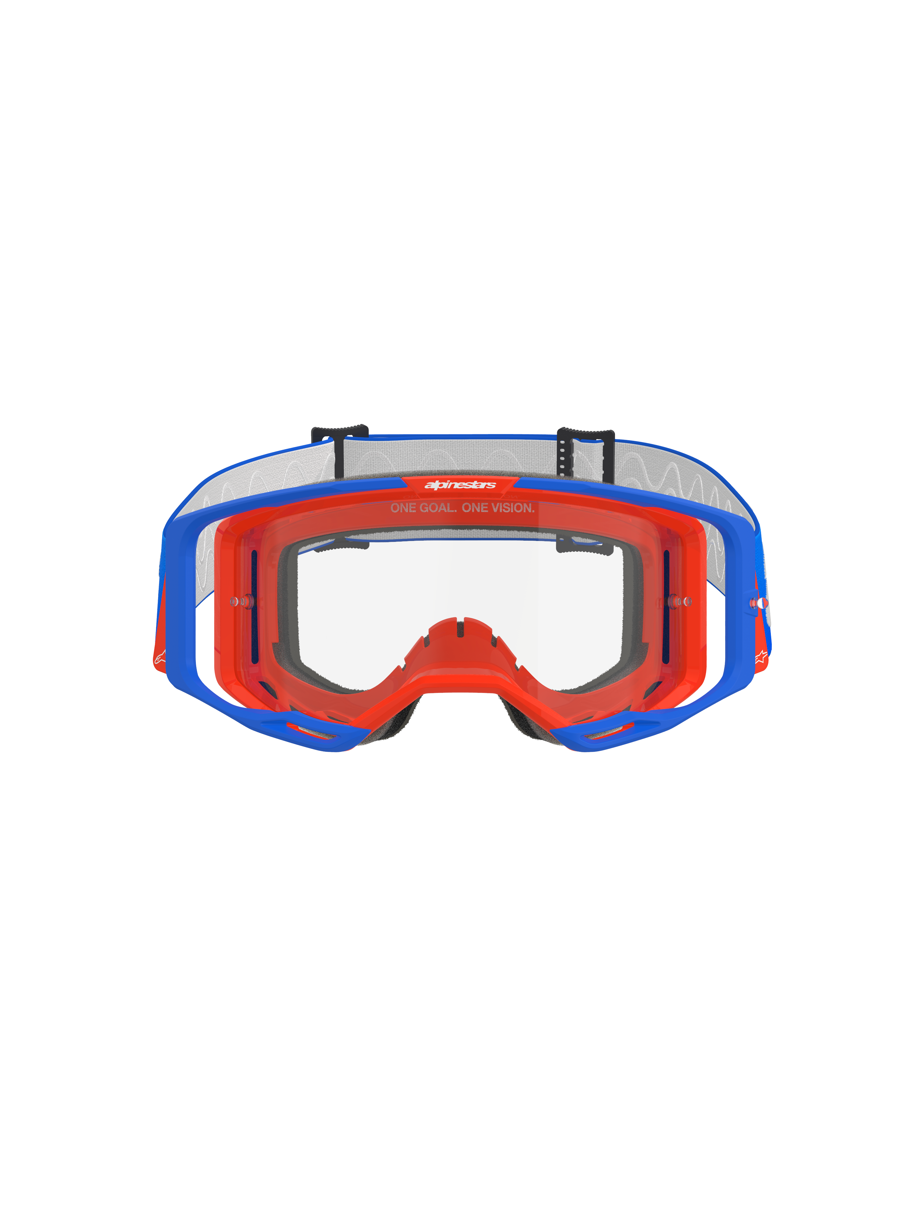 Gafas Alpinestars Vision 8 Wordmark, gafas de motocross, azul y naranja con lente transparente, vista frontal, con montura flexible de dos tonos, diseño de lente periférica amplia y marca 'One Goal. One Vision.' en la parte superior del marco interno.