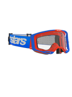 Gafas Alpinestars Vision 8 Wordmark, gafas de motocross, azul y naranja, lente transparente antiempañante, correa azul ancha con marca Alpinestars blanca, montura angular con sistema de soporte, protección ocular de alto rendimiento para competición todoterreno