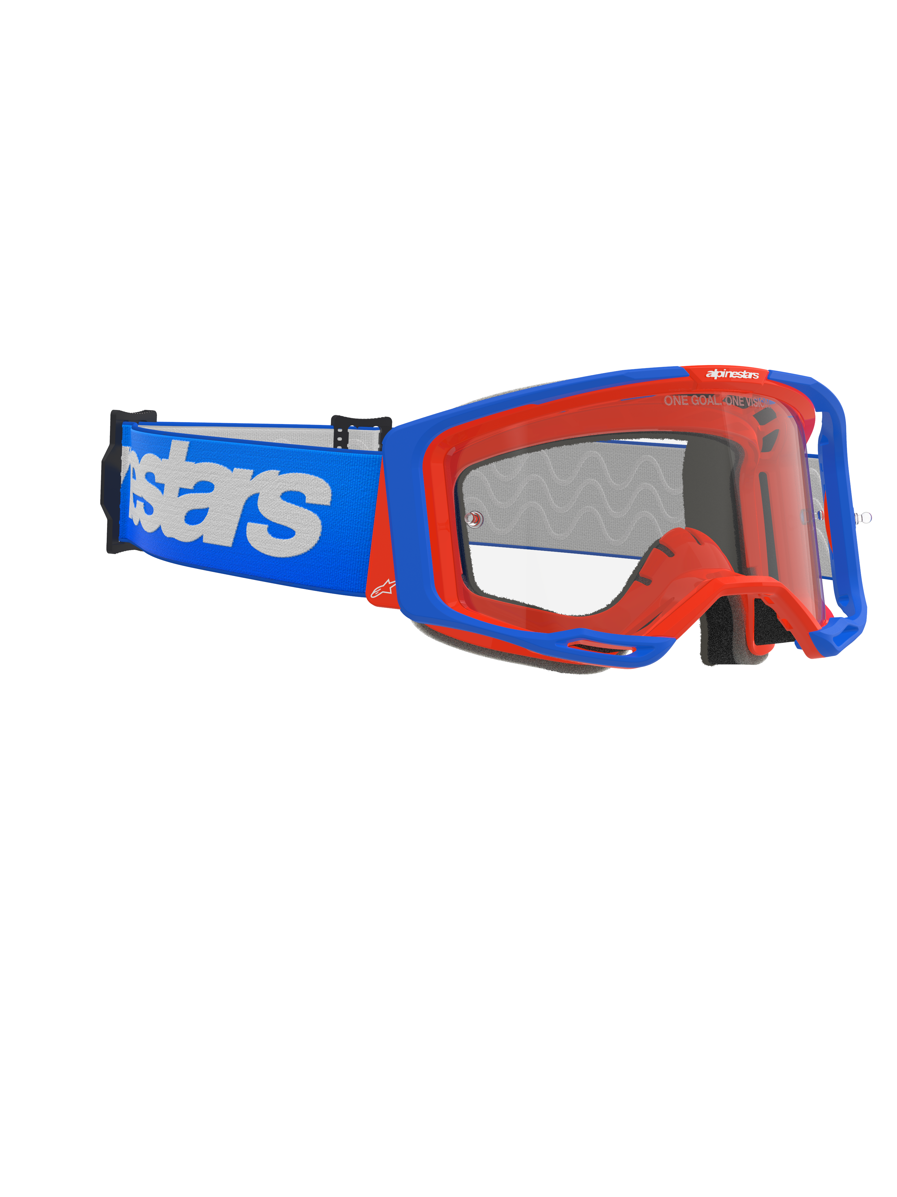 Gafas Alpinestars Vision 8 Wordmark, gafas de motocross, azul y naranja, lente transparente antiempañante, correa azul ancha con marca Alpinestars blanca, montura angular con sistema de soporte, protección ocular de alto rendimiento para competición todoterreno
