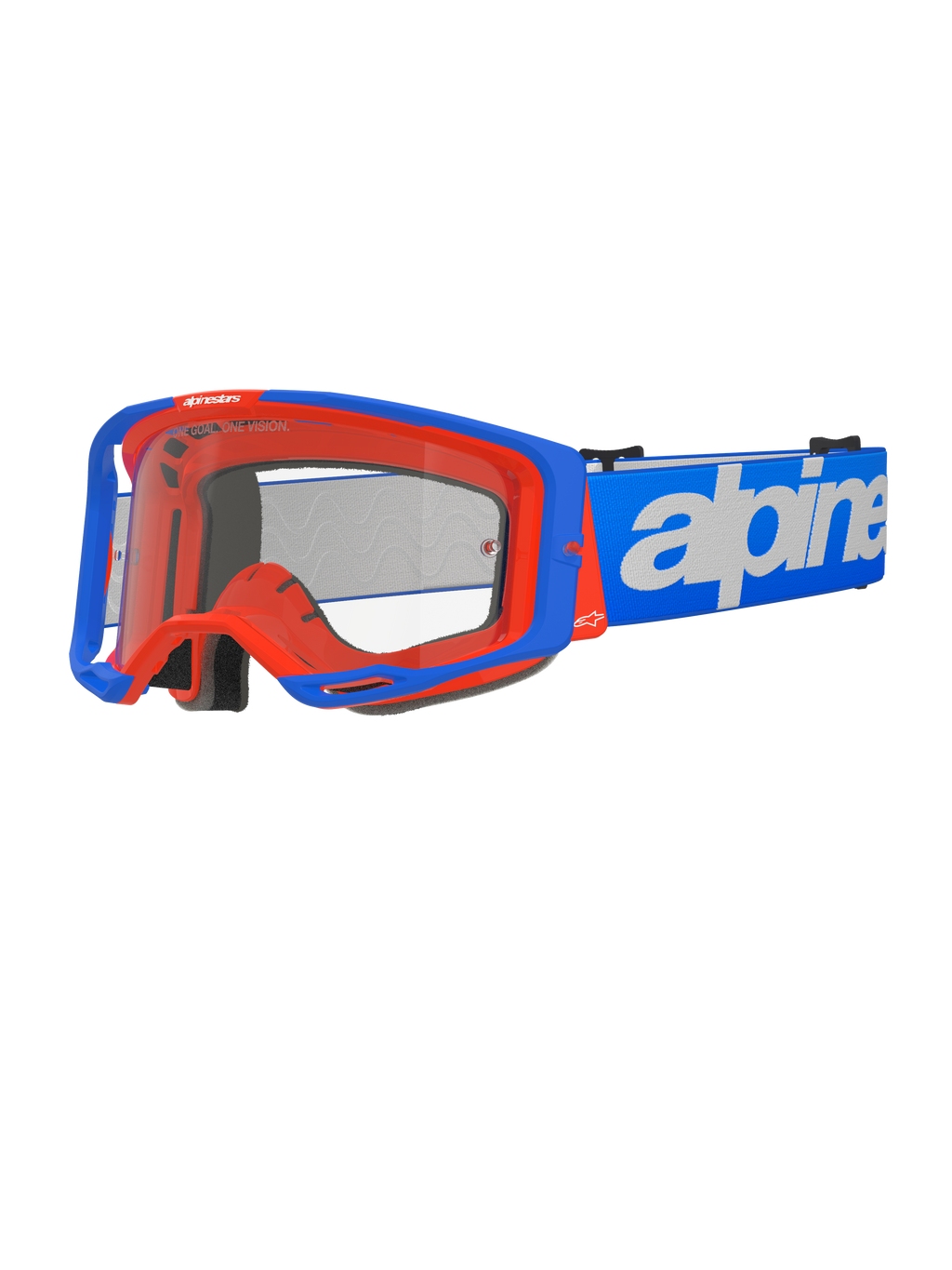Gafas Alpinestars Vision 8 Wordmark, gafas de motocross, azul y naranja, lente transparente, correa azul ancha con logotipo de Alpinestars en blanco, acolchado de espuma negra, diseño deportivo con puertos de ventilación visibles para rendimiento off-road