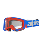 Gafas Alpinestars Vision 8 Wordmark, gafas de motocross, azul y naranja, lente transparente, correa azul ancha con logotipo de Alpinestars en blanco, acolchado de espuma negra, diseño deportivo con puertos de ventilación visibles para rendimiento off-road