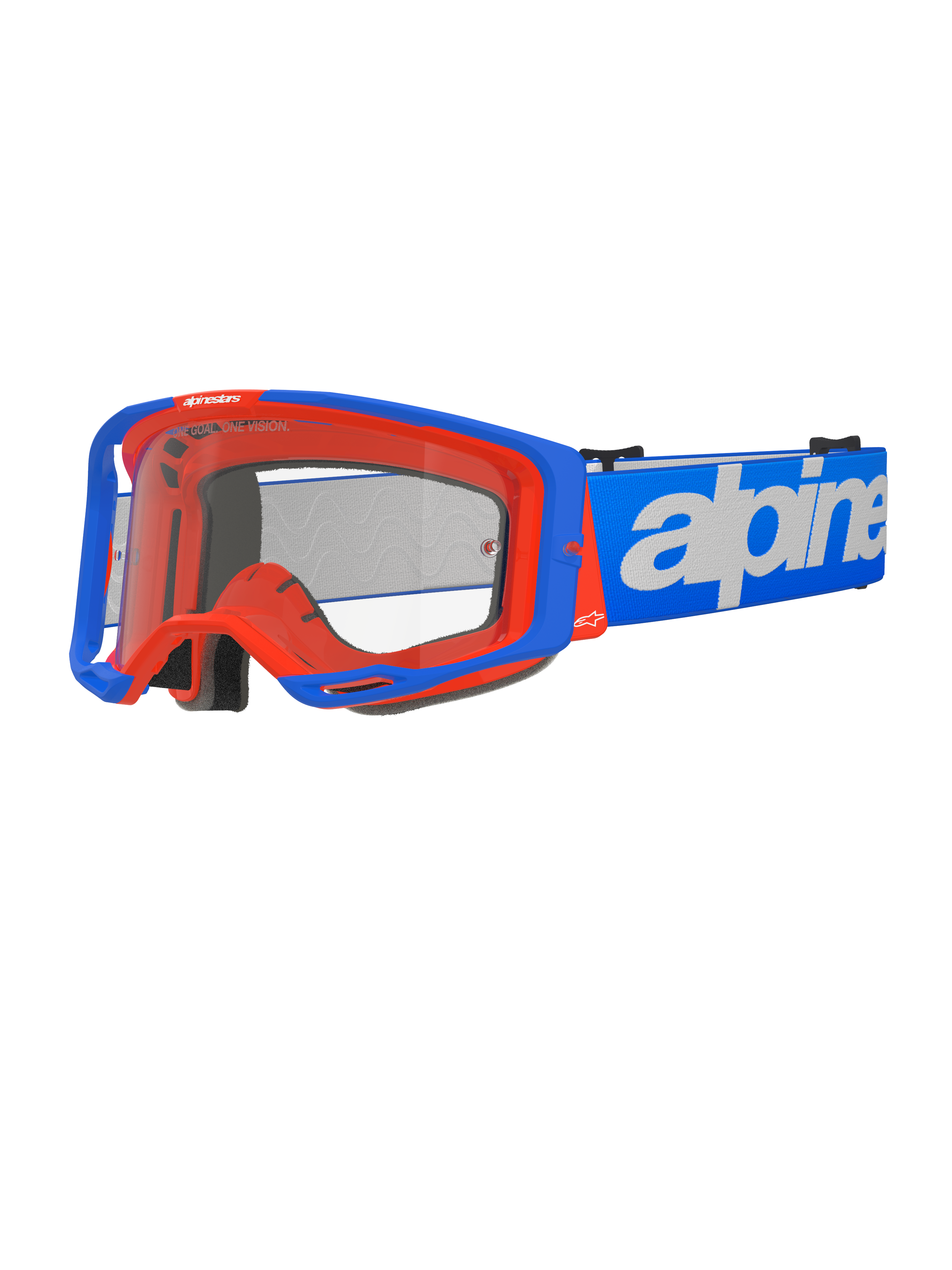 Gafas Alpinestars Vision 8 Wordmark, gafas de motocross, azul y naranja, lente transparente, correa azul ancha con logotipo de Alpinestars en blanco, acolchado de espuma negra, diseño deportivo con puertos de ventilación visibles para rendimiento off-road
