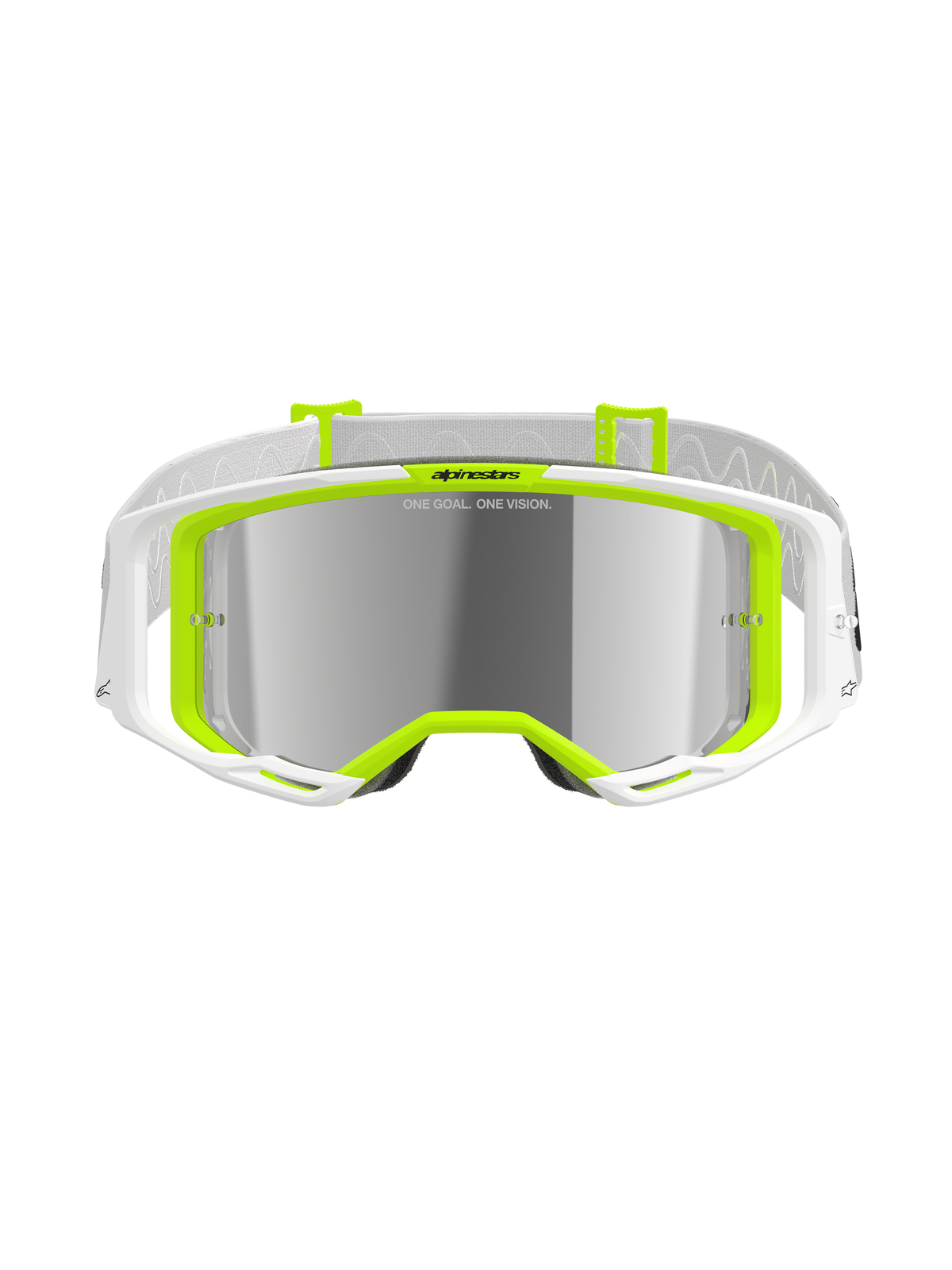 Gafas Alpinestars Vision 8 Wordmark, gafas de motocross, blanco y amarillo fluo, lente de espejo plateada con el texto 'ONE GOAL. ONE VISION.', amplio campo de visión, correa blanca con detalles grises, gafas de alto rendimiento para off-road