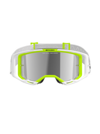 Gafas Alpinestars Vision 8 Wordmark, gafas de motocross, blanco y amarillo fluo, lente de espejo plateada con el texto 'ONE GOAL. ONE VISION.', amplio campo de visión, correa blanca con detalles grises, gafas de alto rendimiento para off-road