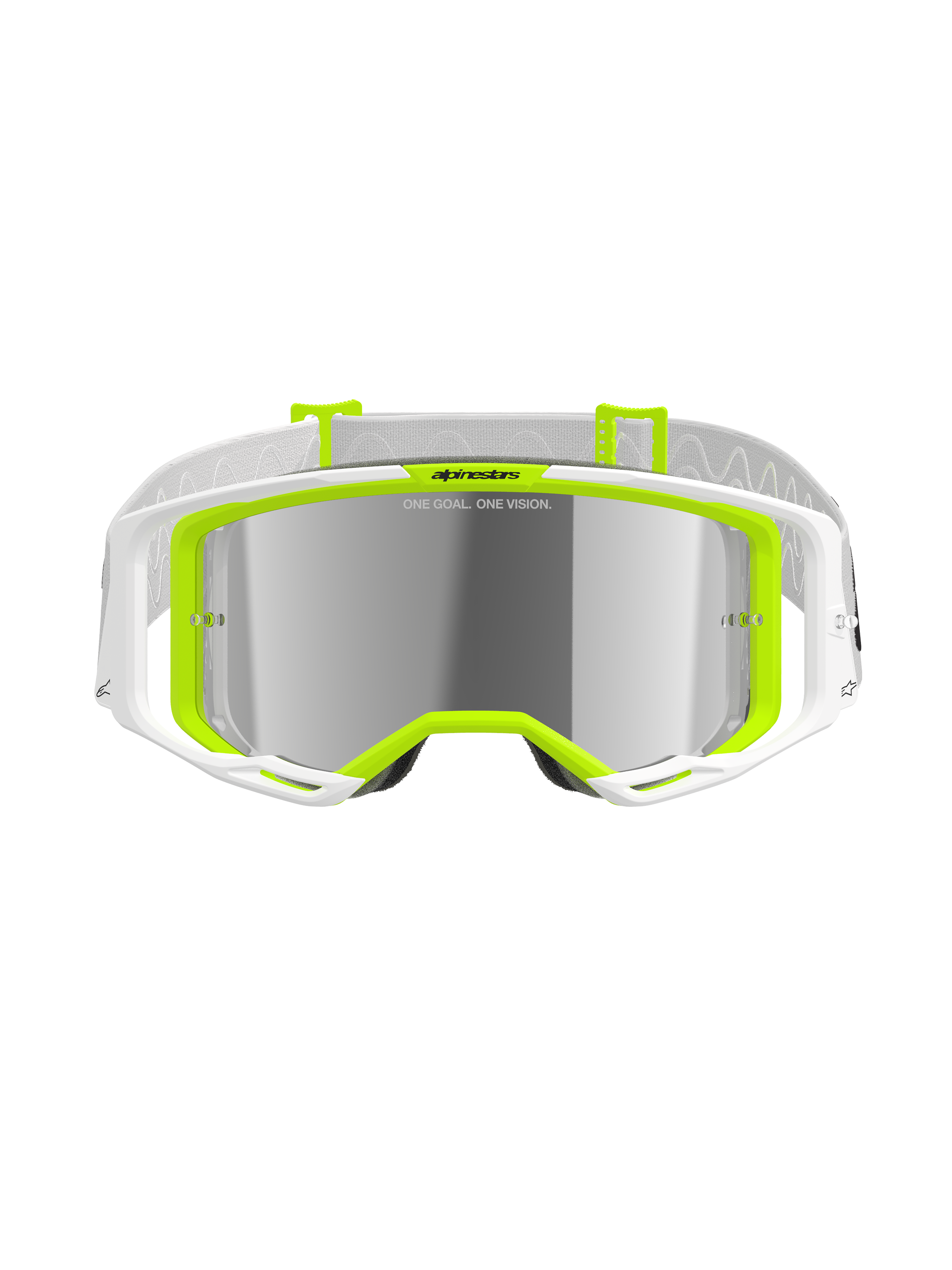 Gafas Alpinestars Vision 8 Wordmark, gafas de motocross, blanco y amarillo fluo, lente de espejo plateada con el texto 'ONE GOAL. ONE VISION.', amplio campo de visión, correa blanca con detalles grises, gafas de alto rendimiento para off-road