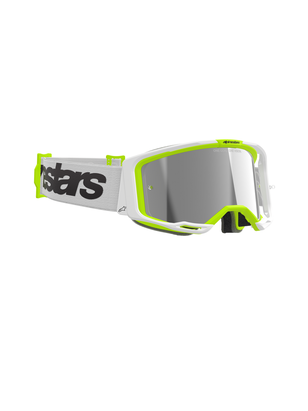 Gafas Alpinestars Vision 8 Wordmark, gafas de motocross, montura en blanco y amarillo flúor, lente espejo plateada, correa tejida blanca con logotipo de la marca en negro, protección ocular de alto rendimiento para carreras off-road