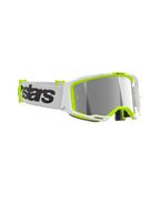 Gafas Alpinestars Vision 8 Wordmark, gafas de motocross, montura en blanco y amarillo flúor, lente espejo plateada, correa tejida blanca con logotipo de la marca en negro, protección ocular de alto rendimiento para carreras off-road
