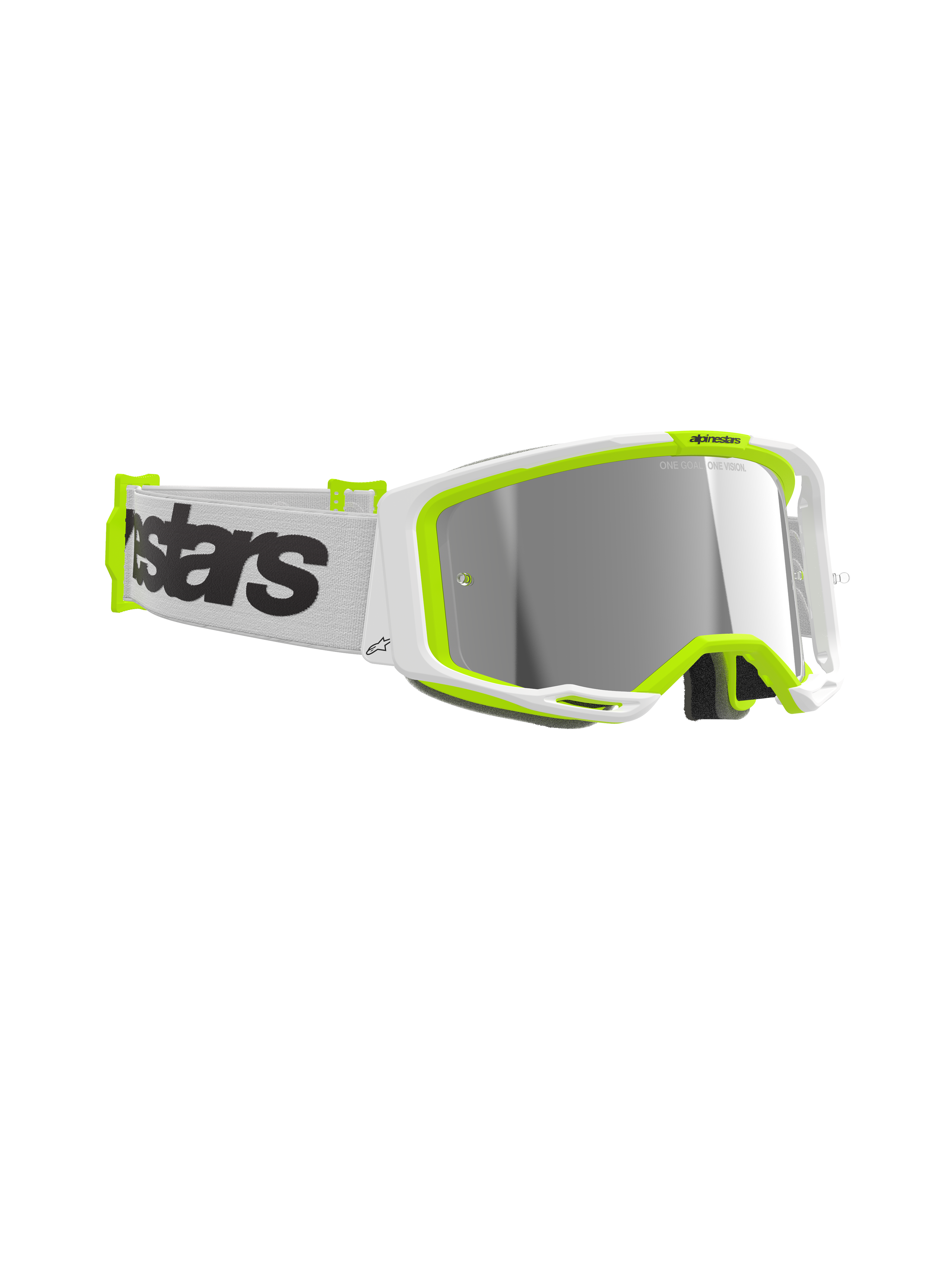 Gafas Alpinestars Vision 8 Wordmark, gafas de motocross, montura en blanco y amarillo flúor, lente espejo plateada, correa tejida blanca con logotipo de la marca en negro, protección ocular de alto rendimiento para carreras off-road