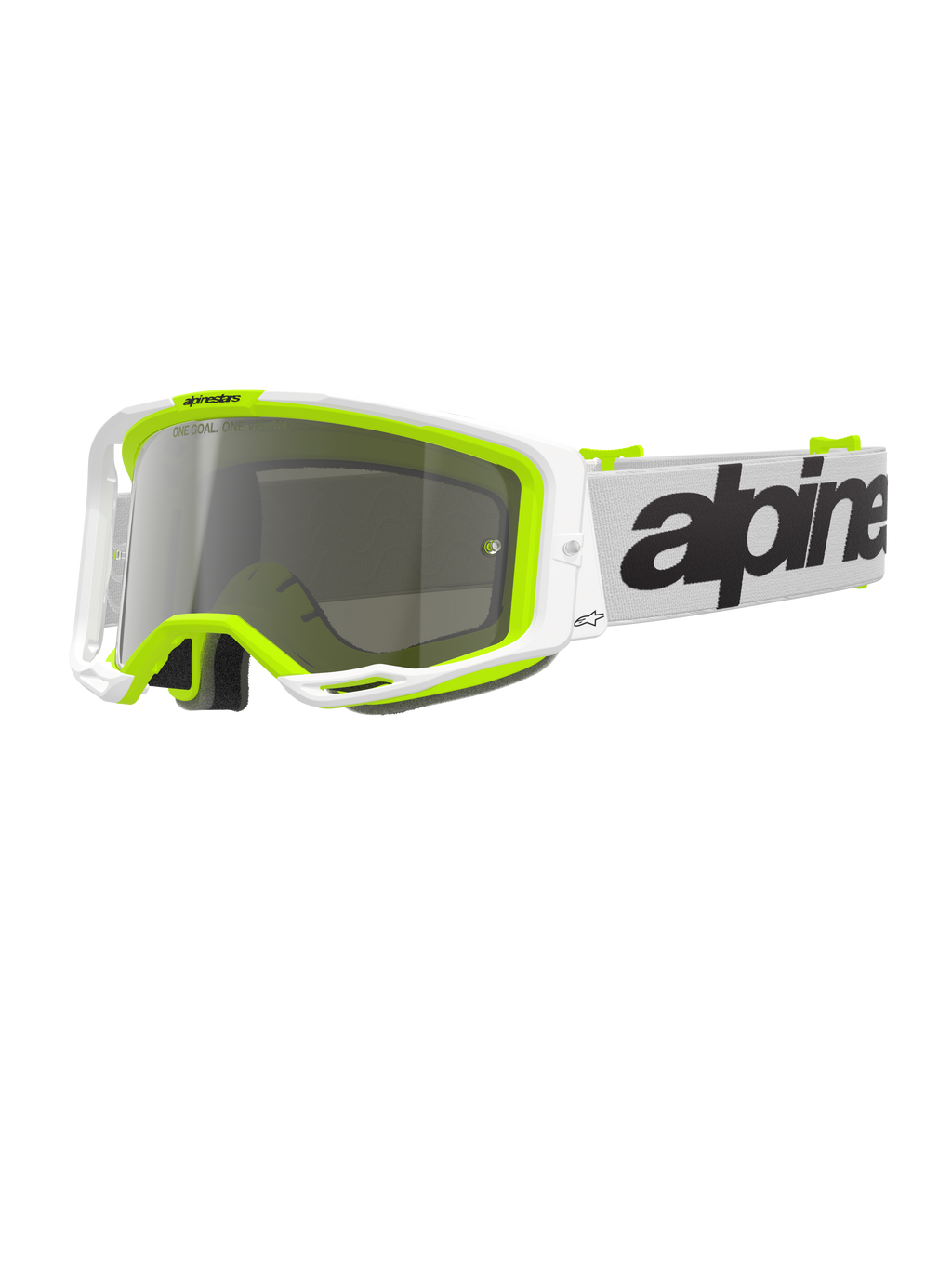 Gafas Alpinestars Vision 8 Wordmark, gafas de motocross, montura blanca y amarillo fluorescente con lente de espejo plateada, con correa blanca con logotipo negro llamativo y montura A-FLEX para rendimiento en carreras todoterreno