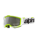 Gafas Alpinestars Vision 8 Wordmark, gafas de motocross, montura blanca y amarillo fluorescente con lente de espejo plateada, con correa blanca con logotipo negro llamativo y montura A-FLEX para rendimiento en carreras todoterreno