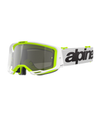 Gafas Alpinestars Vision 8 Wordmark, gafas de motocross, montura blanca y amarillo fluorescente con lente de espejo plateada, con correa blanca con logotipo negro llamativo y montura A-FLEX para rendimiento en carreras todoterreno