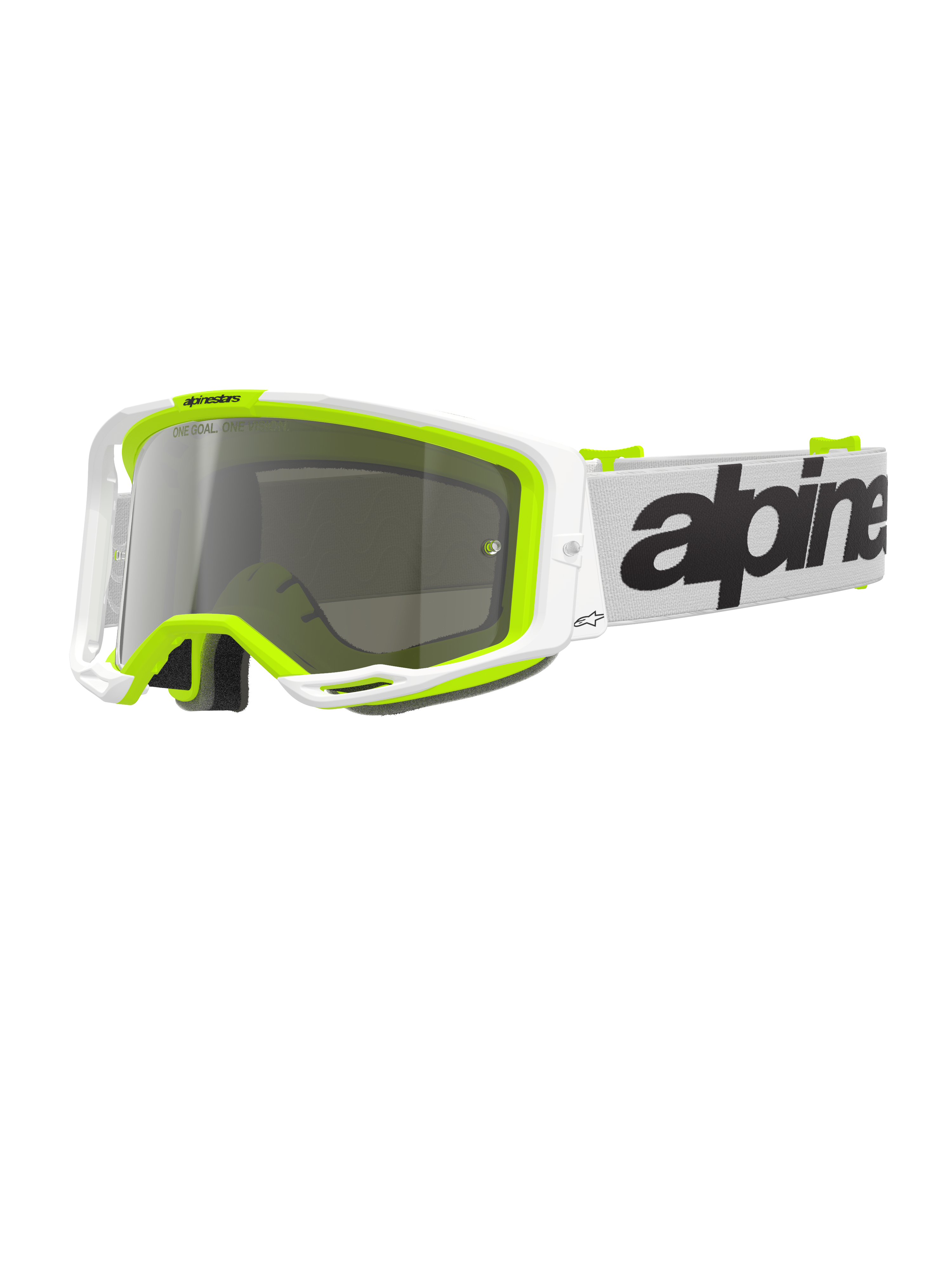 Gafas Alpinestars Vision 8 Wordmark, gafas de motocross, montura blanca y amarillo fluorescente con lente de espejo plateada, con correa blanca con logotipo negro llamativo y montura A-FLEX para rendimiento en carreras todoterreno