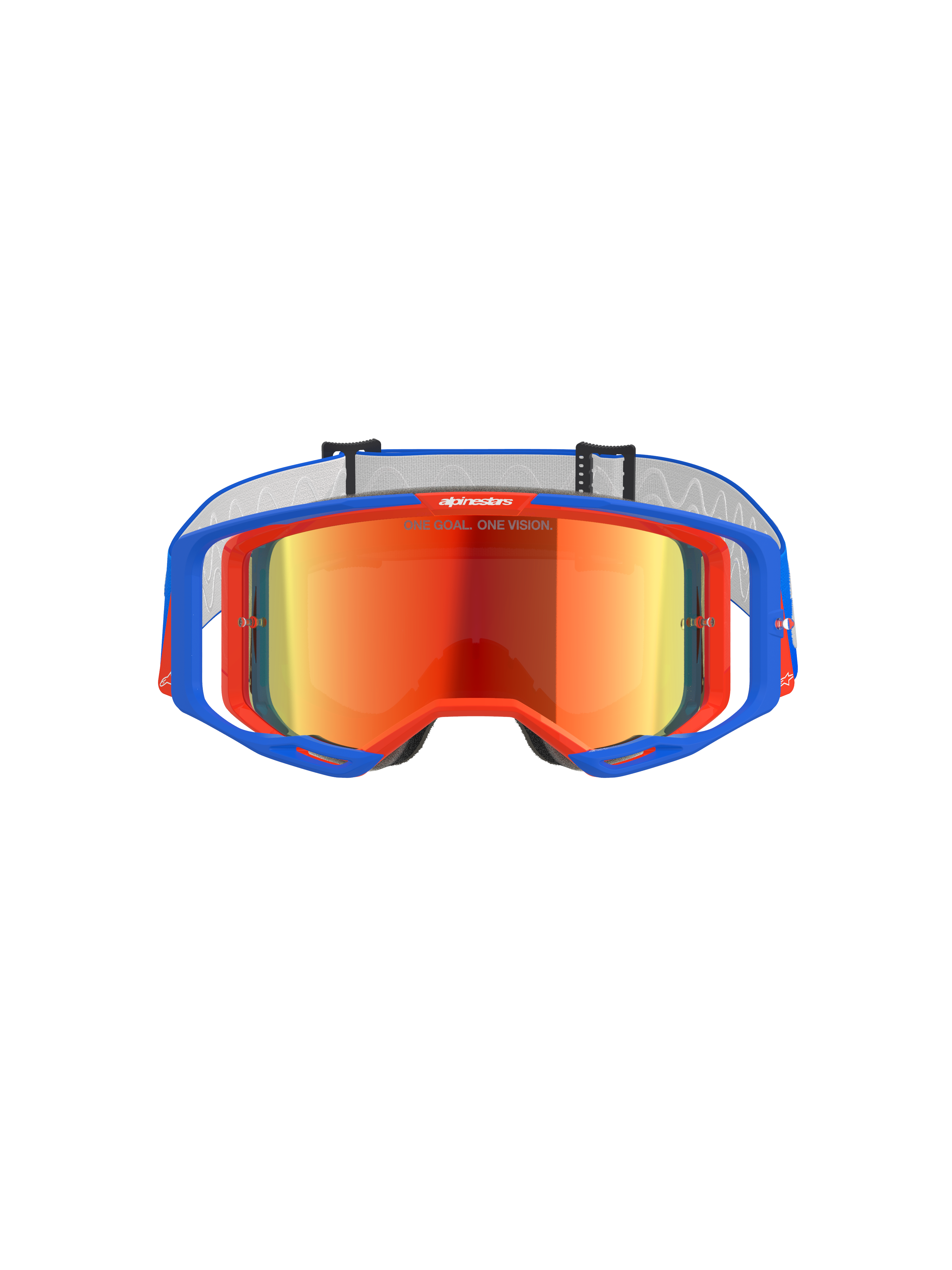 Alpinestars Vision 8 Wordmark Goggles, Motocross Goggles, Blue and Orange with Red Mirror Lens, featuring a wide field of view and high-performance A-FLEX frame for off-road racing.