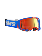 Alpinestars Vision 8 Wordmark Goggles, Motocross Goggles, Blue and Orange frame with Red Mirror Lens, blue strap with large white Alpinestars branding, performance protective eyewear for off-road racing